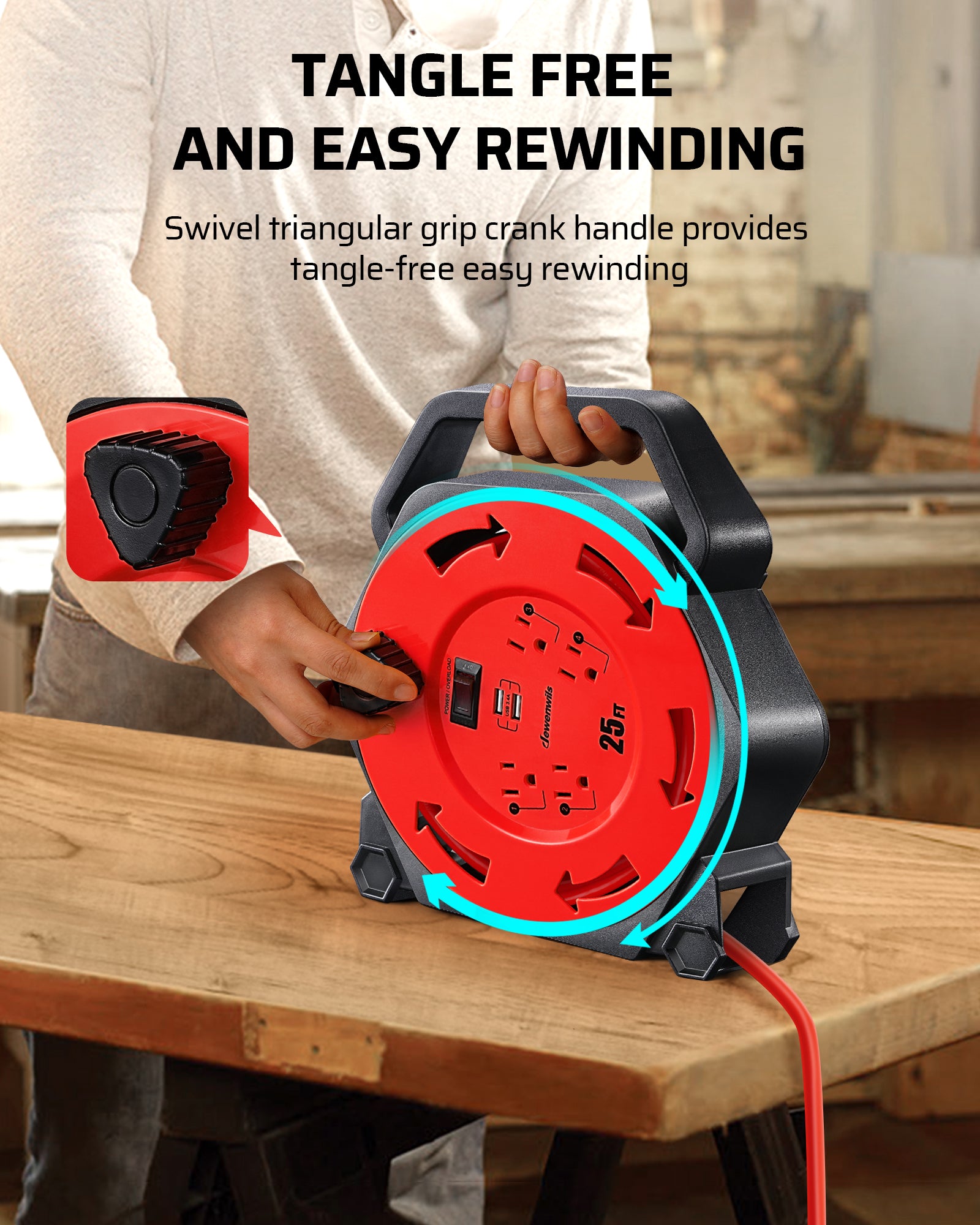 25ft Extension Cord Reel: Features a swivel triangular grip crank handle for tangle-free, easy rewinding and smooth, organized cable management.