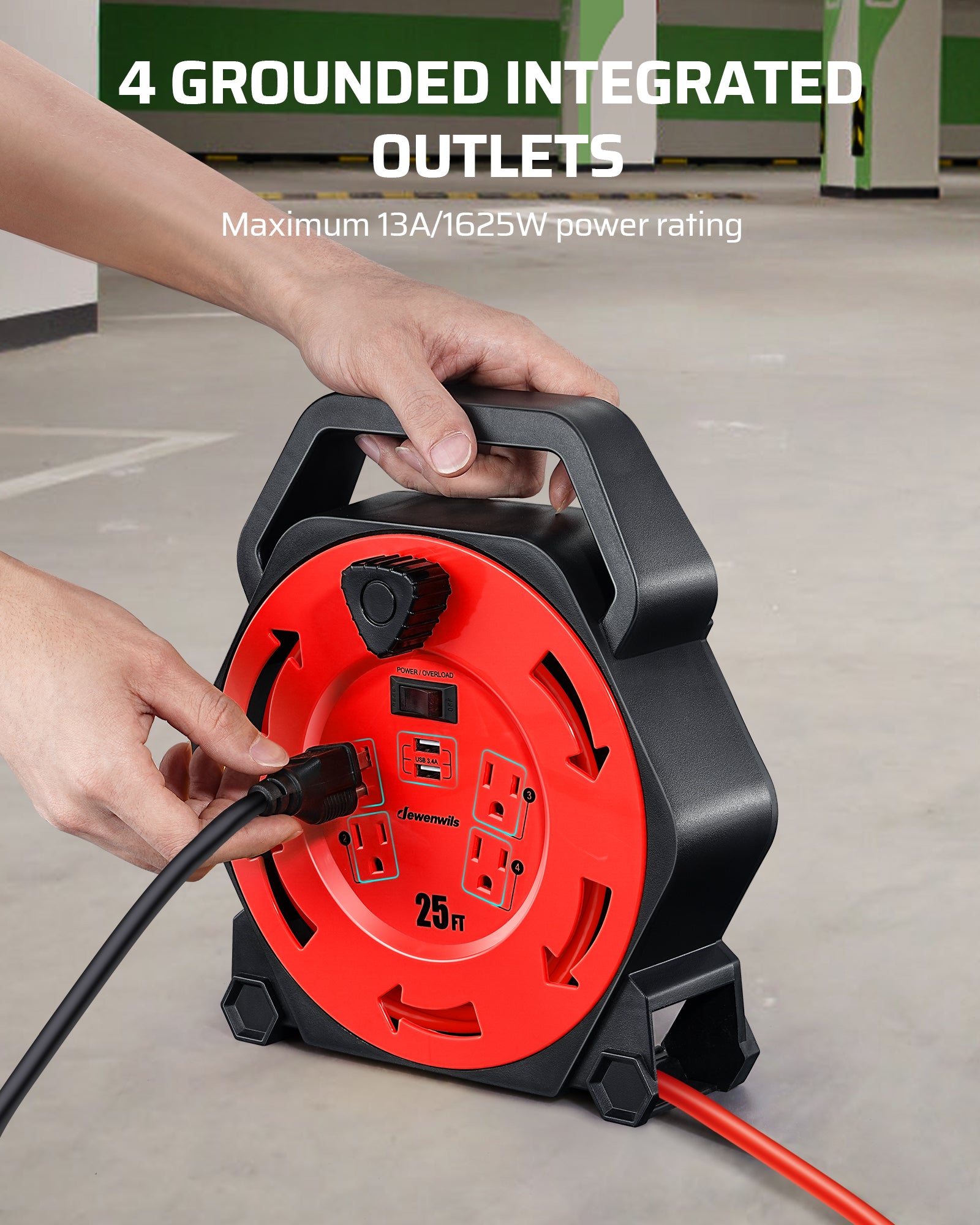 25ft Extension Cord Reel: Heavy-duty 13A/1625W rating with 4 integrated 3-prong outlets. Includes a 13A circuit breaker to protect against overloads and shorts.