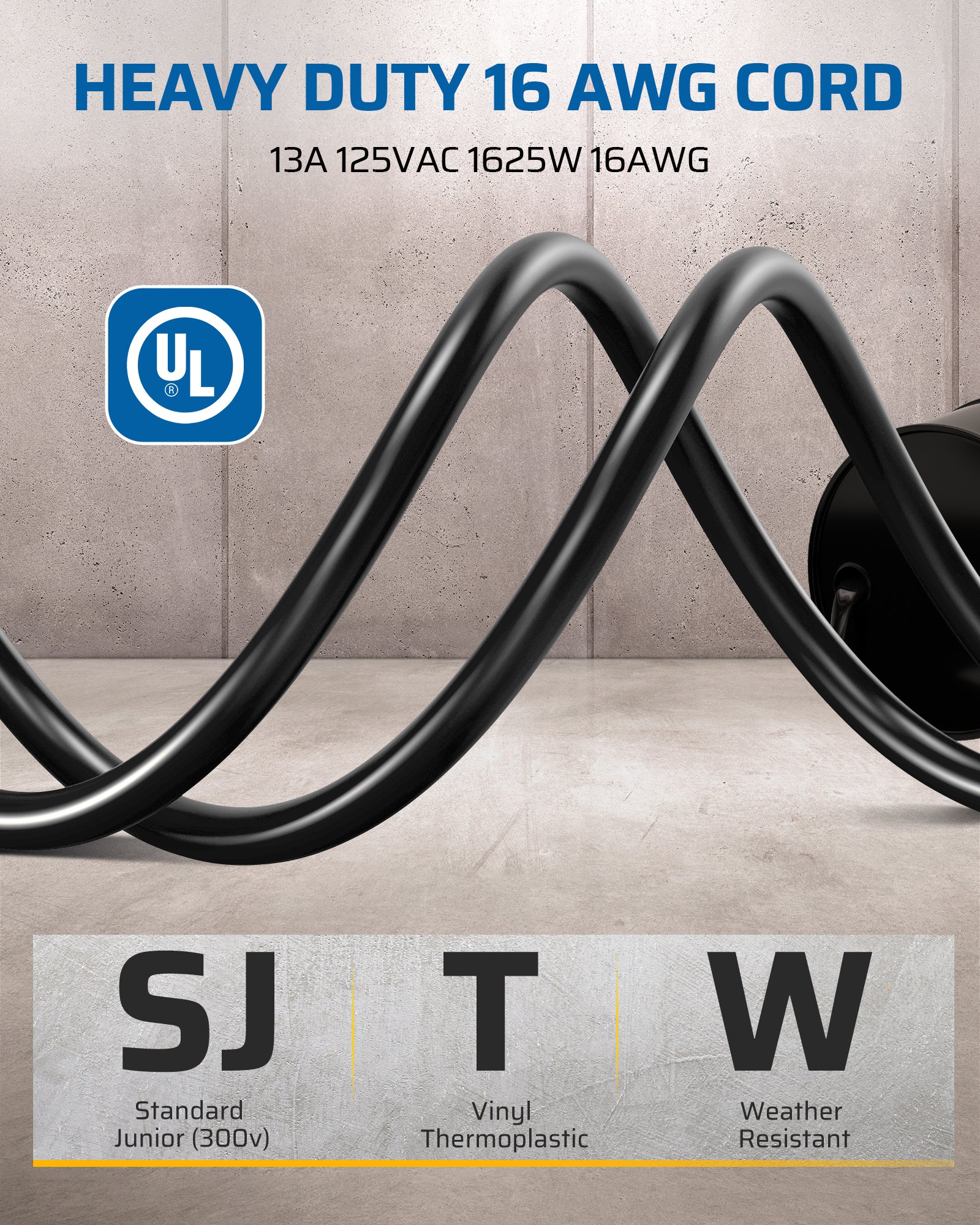 Heavy-Duty Extension Cord: Features a weather-resistant 16AWG SJTW cord supporting 13A/125V/1625W. Durable, thermoplastic insulation ensures reliable outdoor power.