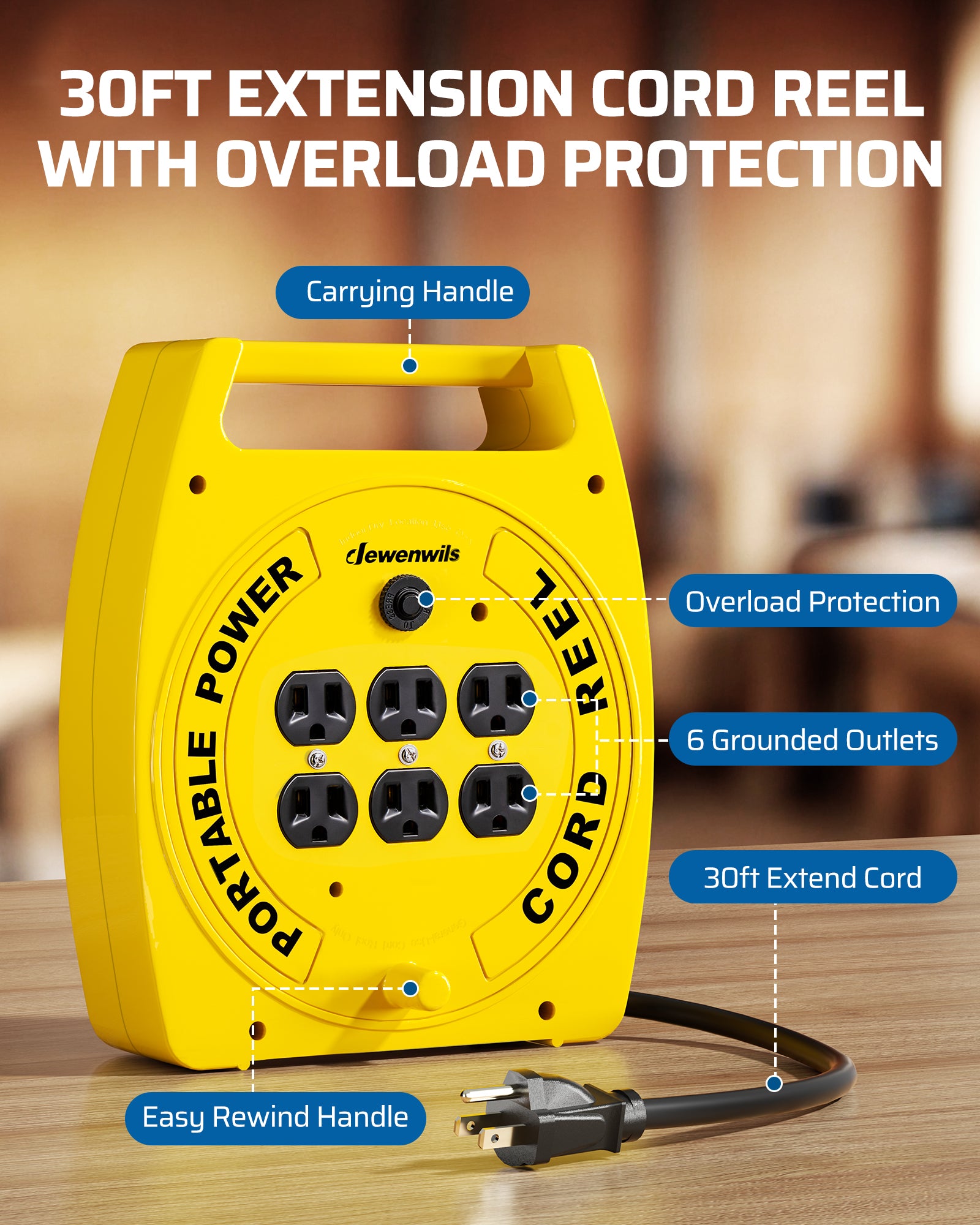 30FT Extension Cord Reel: Features 6 grounded outlets, an easy-rewind handle, and a built-in circuit breaker for overload protection and safe power access.