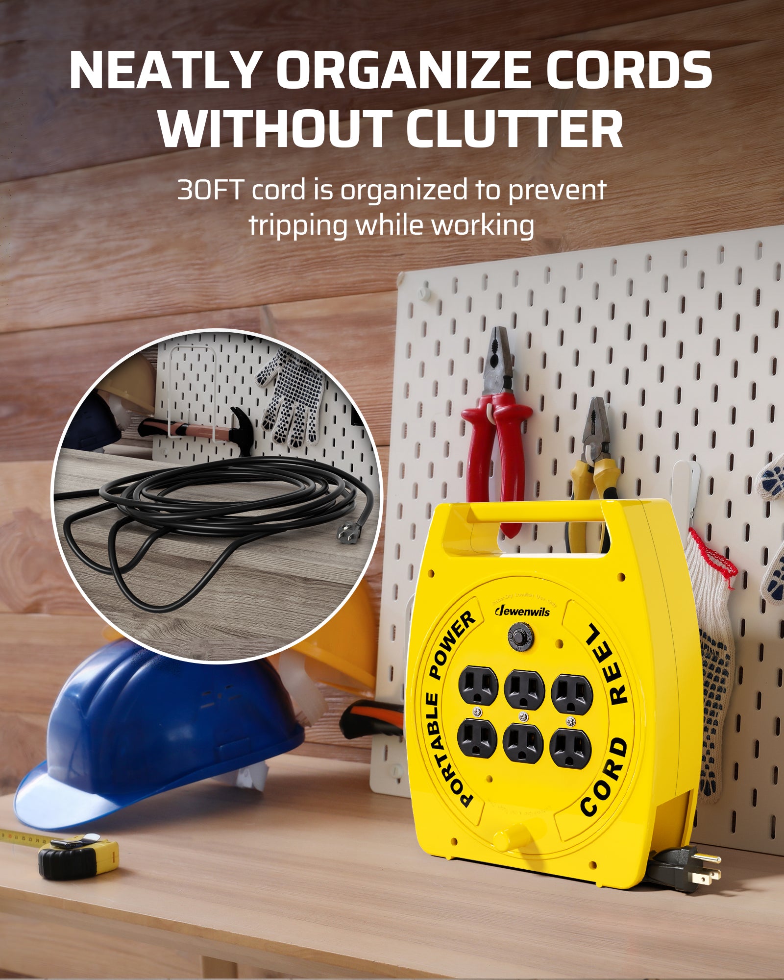 30FT Extension Cord Reel: Neatly organizes cables to eliminate clutter and prevent tripping hazards, ensuring a safer and more efficient workspace.