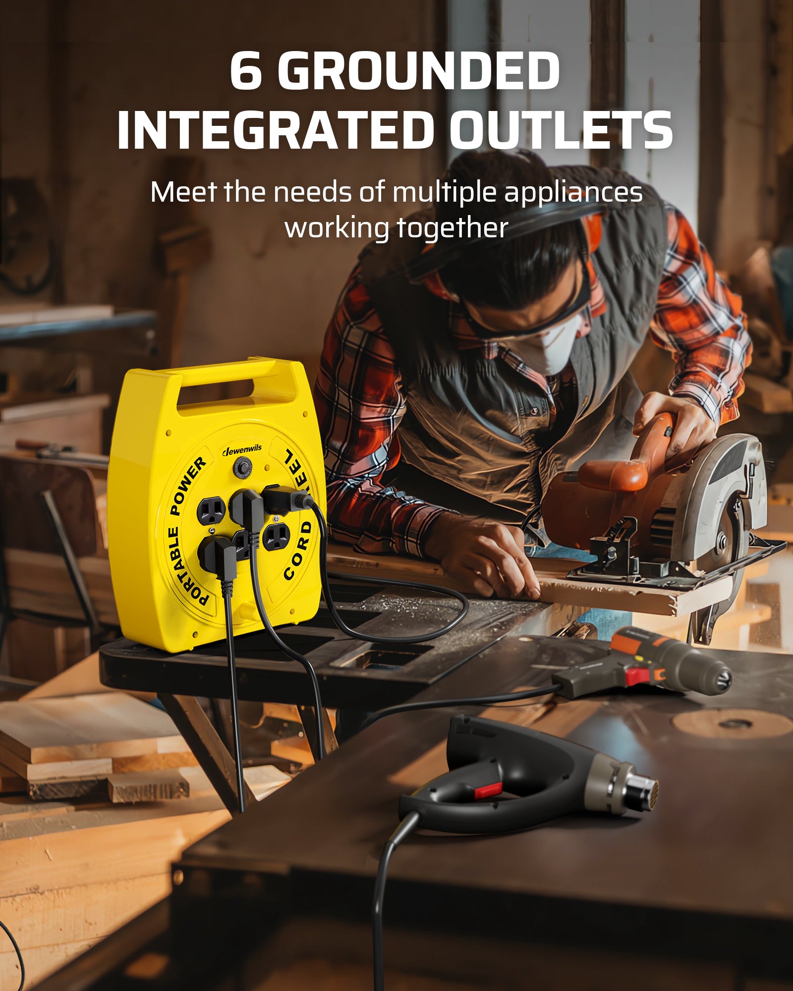 30FT Extension Cord Reel: Equipped with 6 grounded integrated outlets to safely power multiple appliances simultaneously, meeting all your workspace needs.