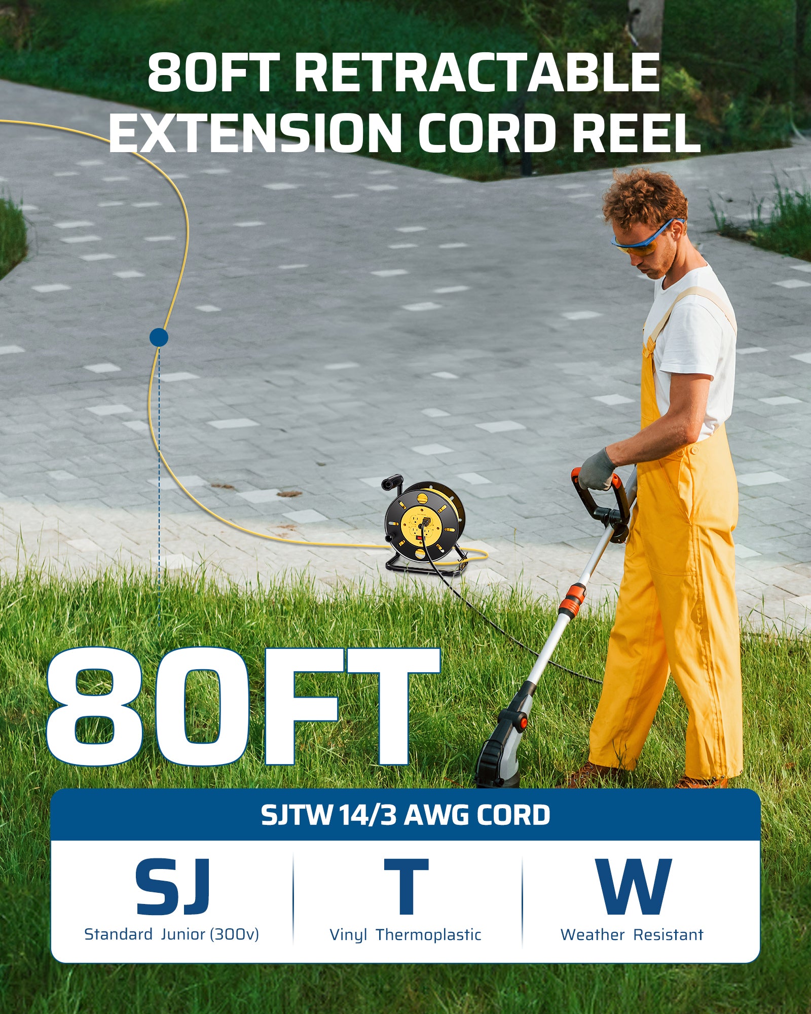 80FT Extension Cord Reel: Heavy-duty power station with 4 grounded outlets, 13A circuit breaker, and a steady metal stand for versatile, reliable use.