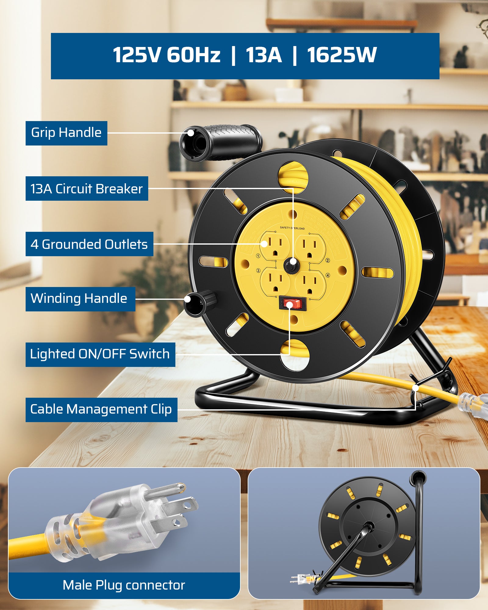 80FT Extension Cord Reel: 13A/1625W power station with 4 grounded outlets, lighted ON/OFF switch, circuit breaker, and winding handle for easy management.