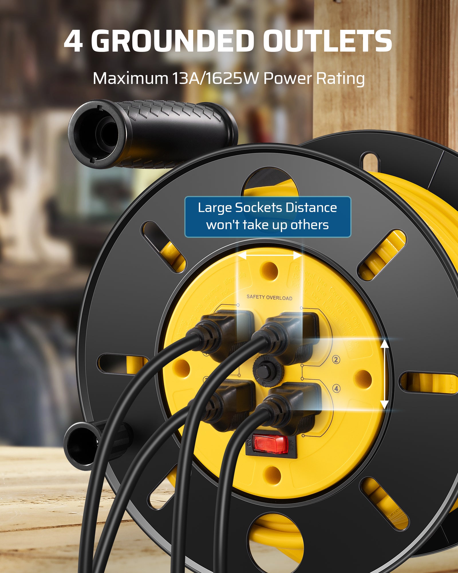 80FT Extension Cord Reel: 4 grounded outlets with 13A/1625W rating. Features large socket spacing to accommodate multiple bulky plugs without interference.