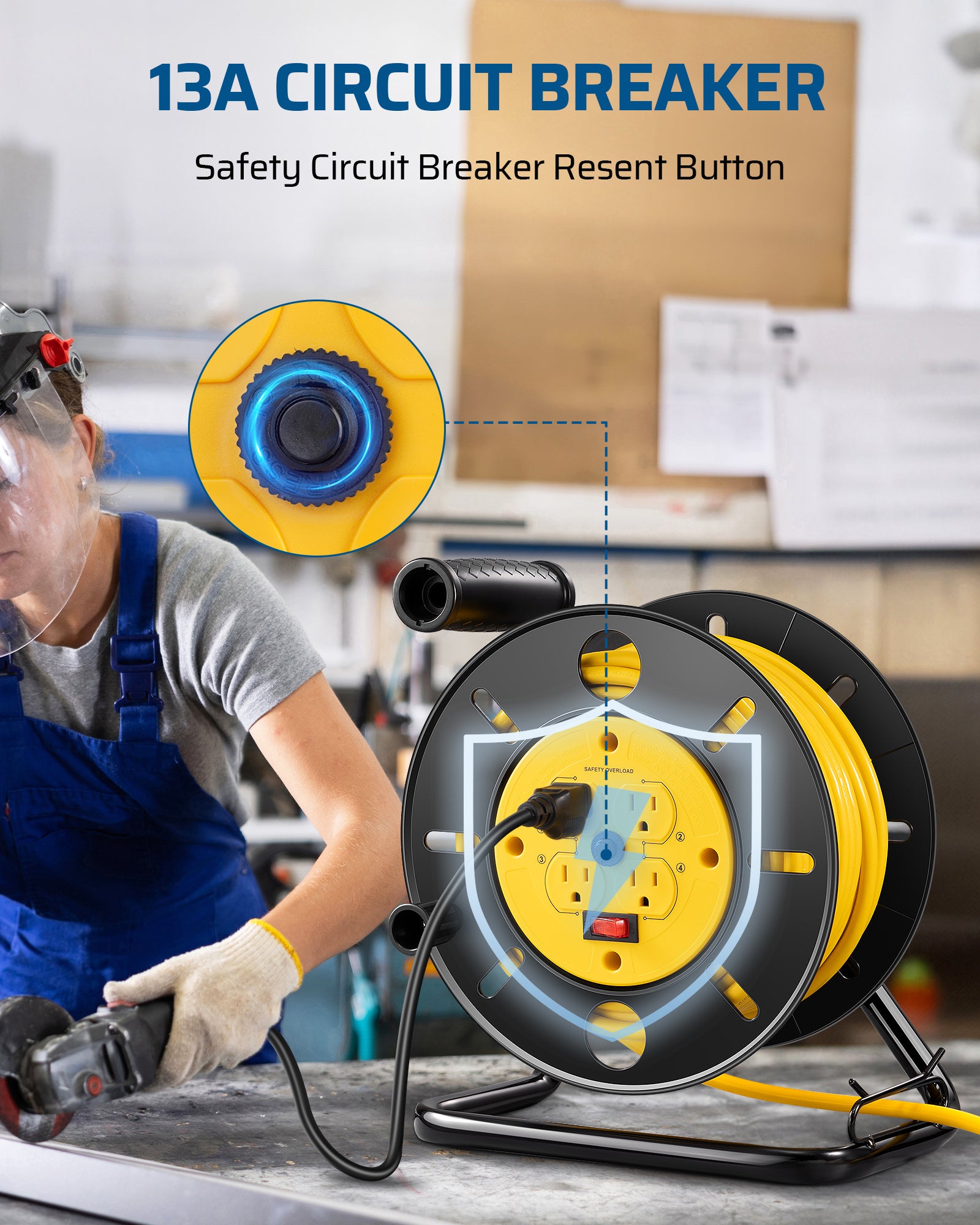 80FT Extension Cord Reel: Built-in 13A safety circuit breaker with a reset button protects your devices from overloads and ensures reliable operation.