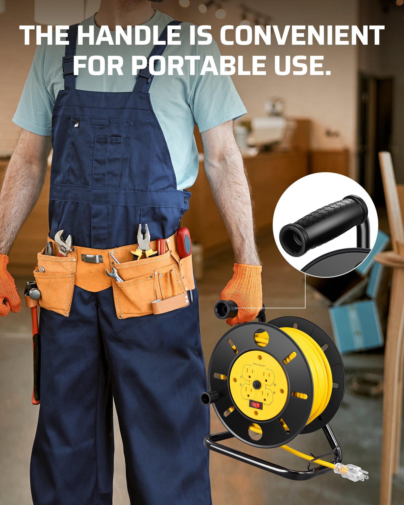80FT Extension Cord Reel: Features a convenient handle for easy portability, making it simple to carry and transport to any job site or workspace.