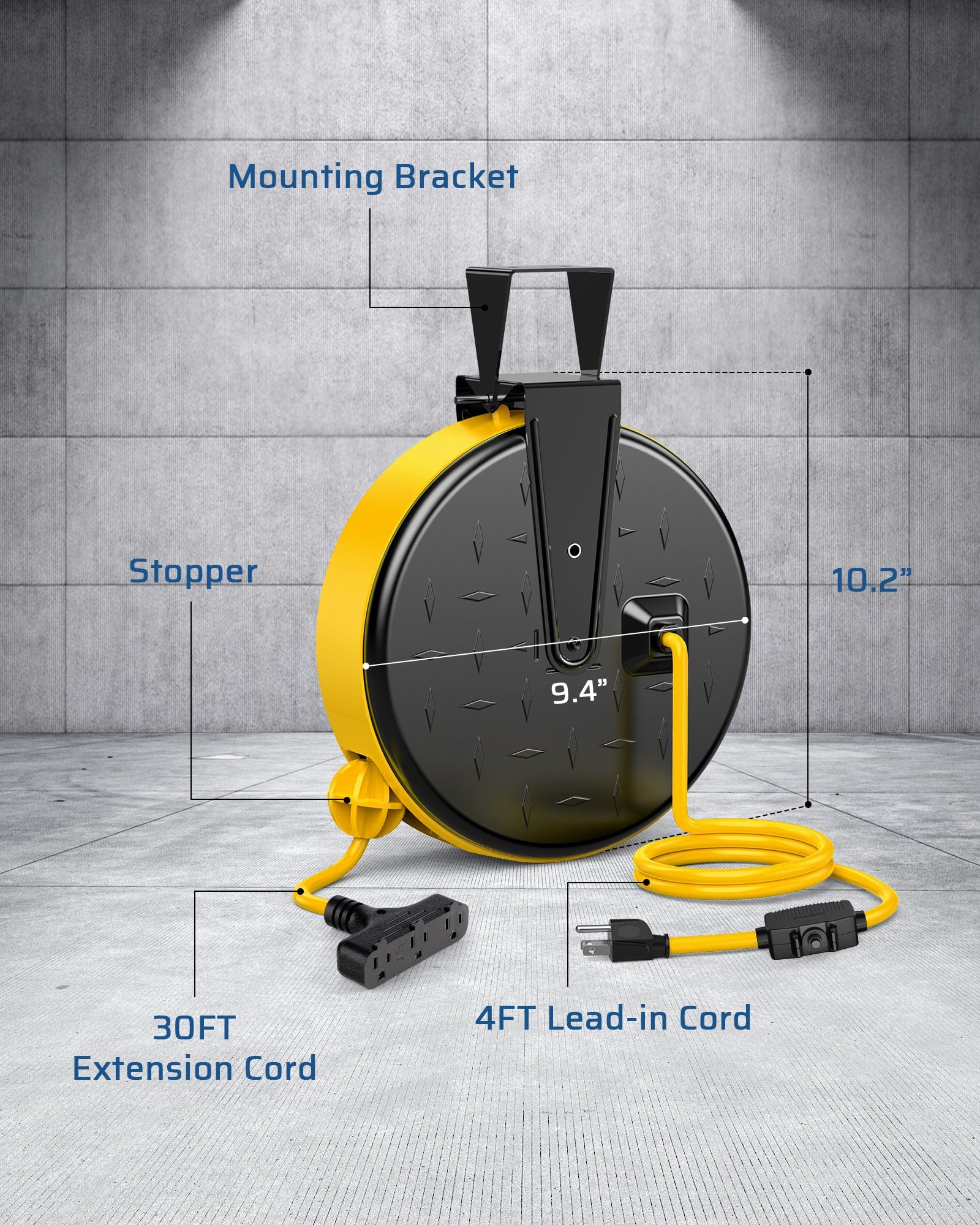 30ft retractable extension cord reel with mounting bracket, stopper, 4ft lead-in cord, and 30ft extension for convenient heavy-duty use.