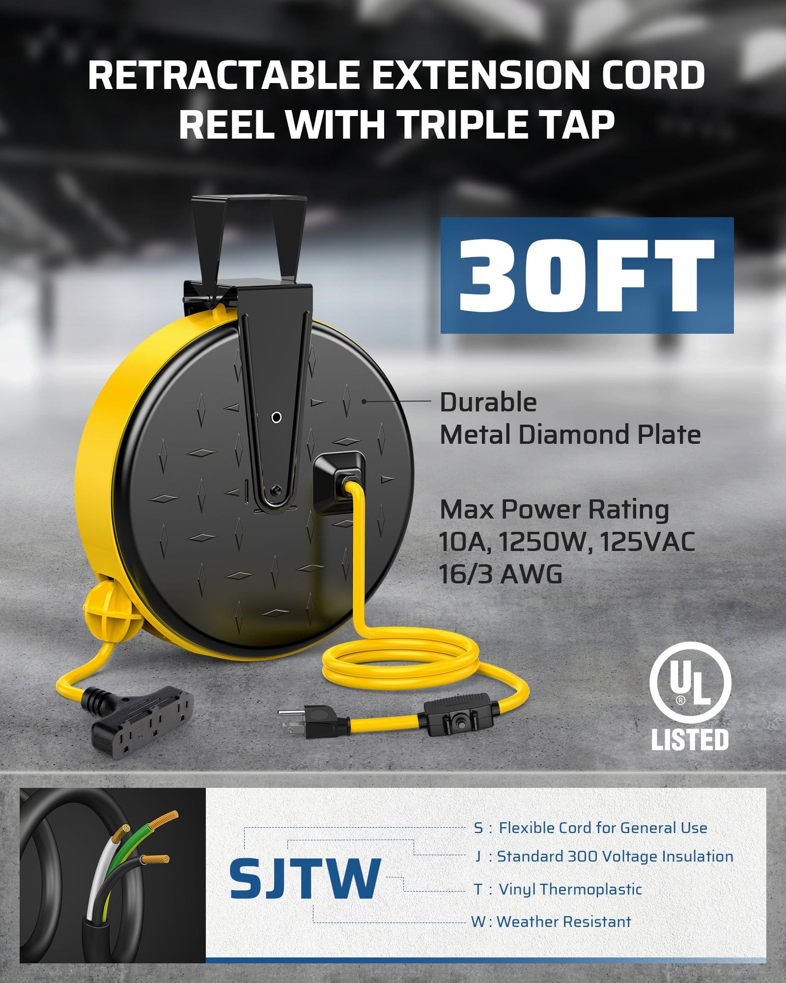 30ft retractable extension cord reel with triple tap, durable metal diamond plate, 16/3 AWG cord, 10A/1250W rating, and UL listed for safe use.