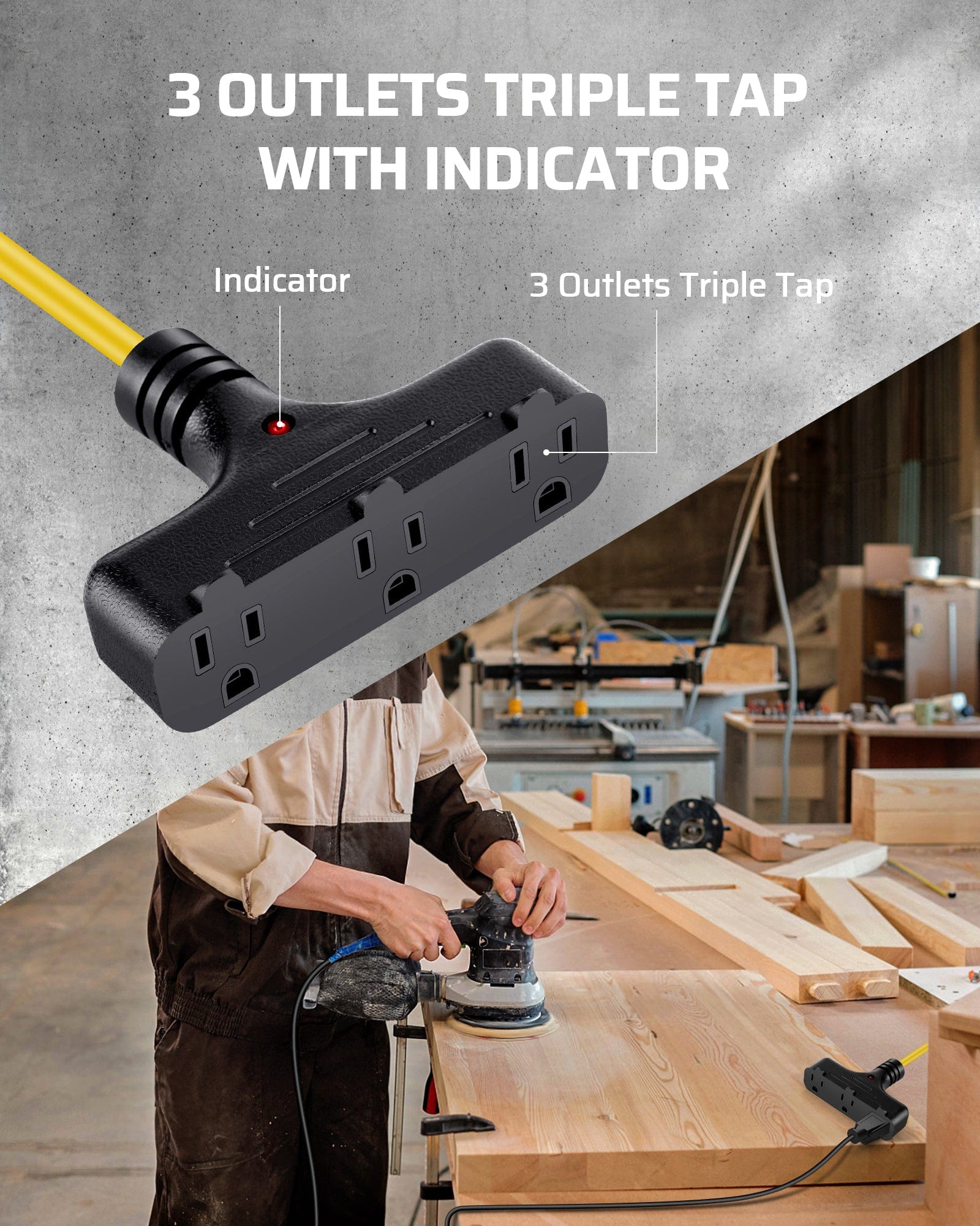 30ft retractable extension cord reel with 3-outlet triple tap and indicator for easy, safe multi-device power use.