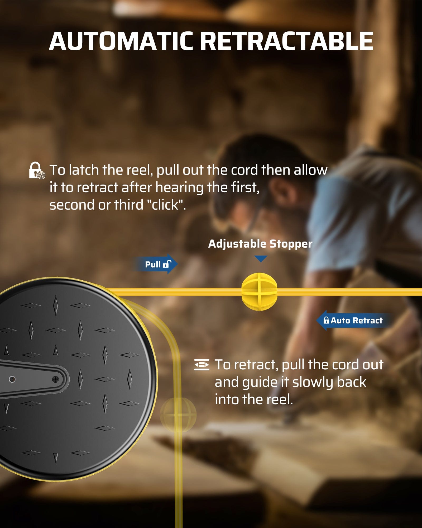 30ft retractable extension cord reel with automatic retractable design, adjustable stopper, and easy pull-to-retract functionality for tangle-free storage.