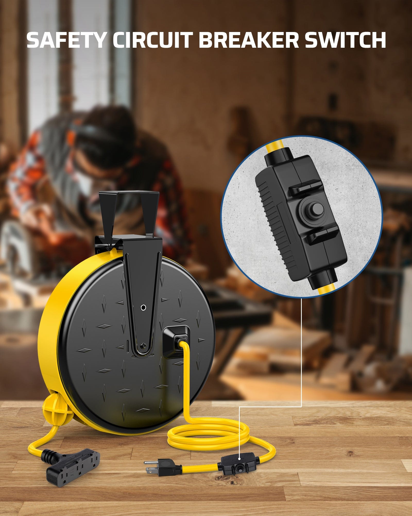 30ft retractable extension cord reel with safety circuit breaker switch for overload protection and reliable power use.