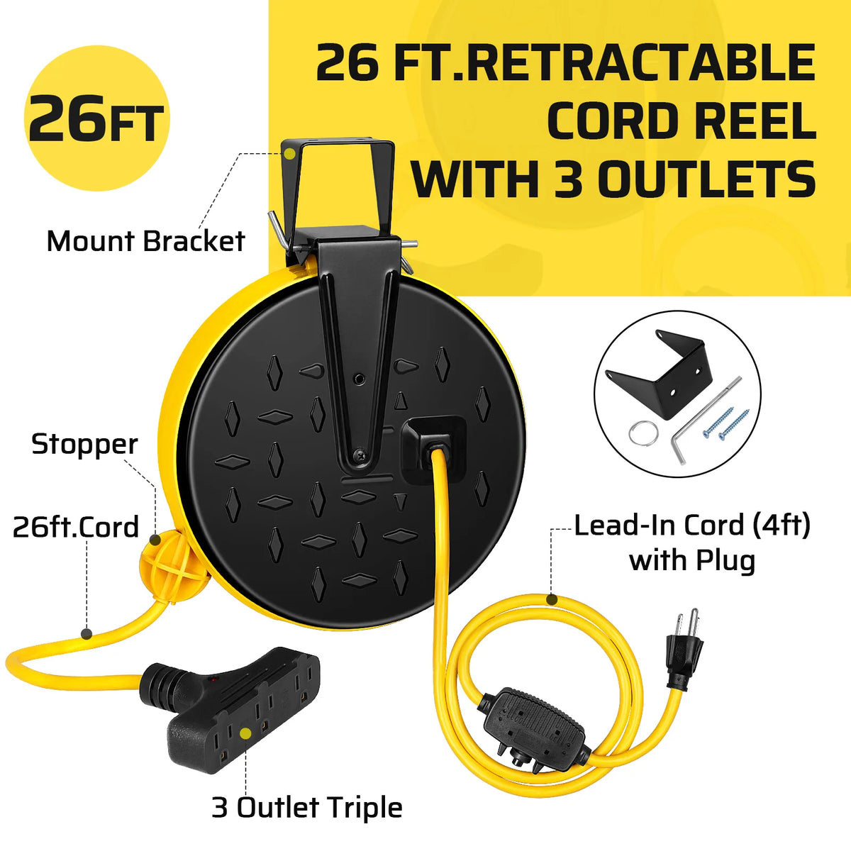 DEWENWILS 30 Ft Retractable Extension Cord Reel, Ceiling/Wall Mount 16/3 Gauge SJTW Power Cord with 3 Electrical Outlets Pigtail for Garage and Shop, 10 Amp Circuit Breaker, Metal Plate-HCRC30N
