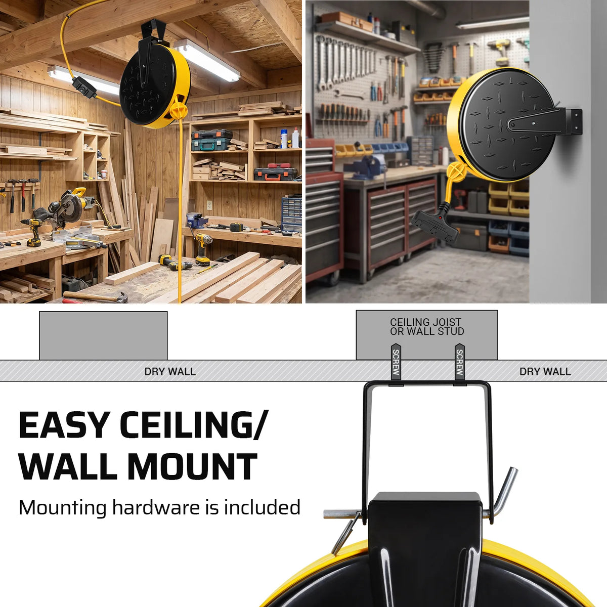 DEWENWILS 30 Ft Retractable Extension Cord Reel, Ceiling/Wall Mount 16/3 Gauge SJTW Power Cord with 3 Electrical Outlets Pigtail for Garage and Shop, 10 Amp Circuit Breaker, Metal Plate-HCRC30N