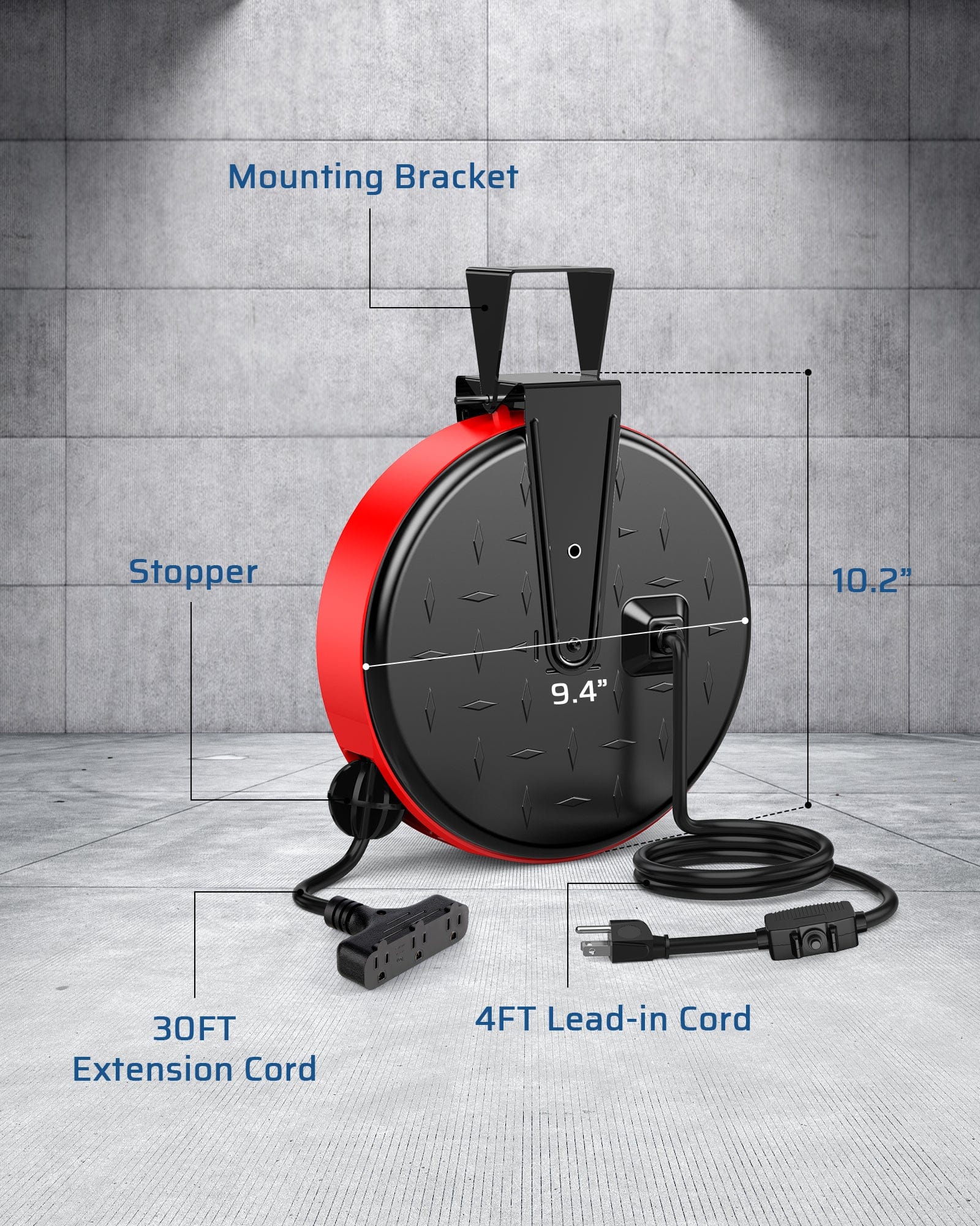 30ft retractable extension cord reel with mounting bracket, stopper, 4ft lead-in cord, and 30ft extension for convenient use.