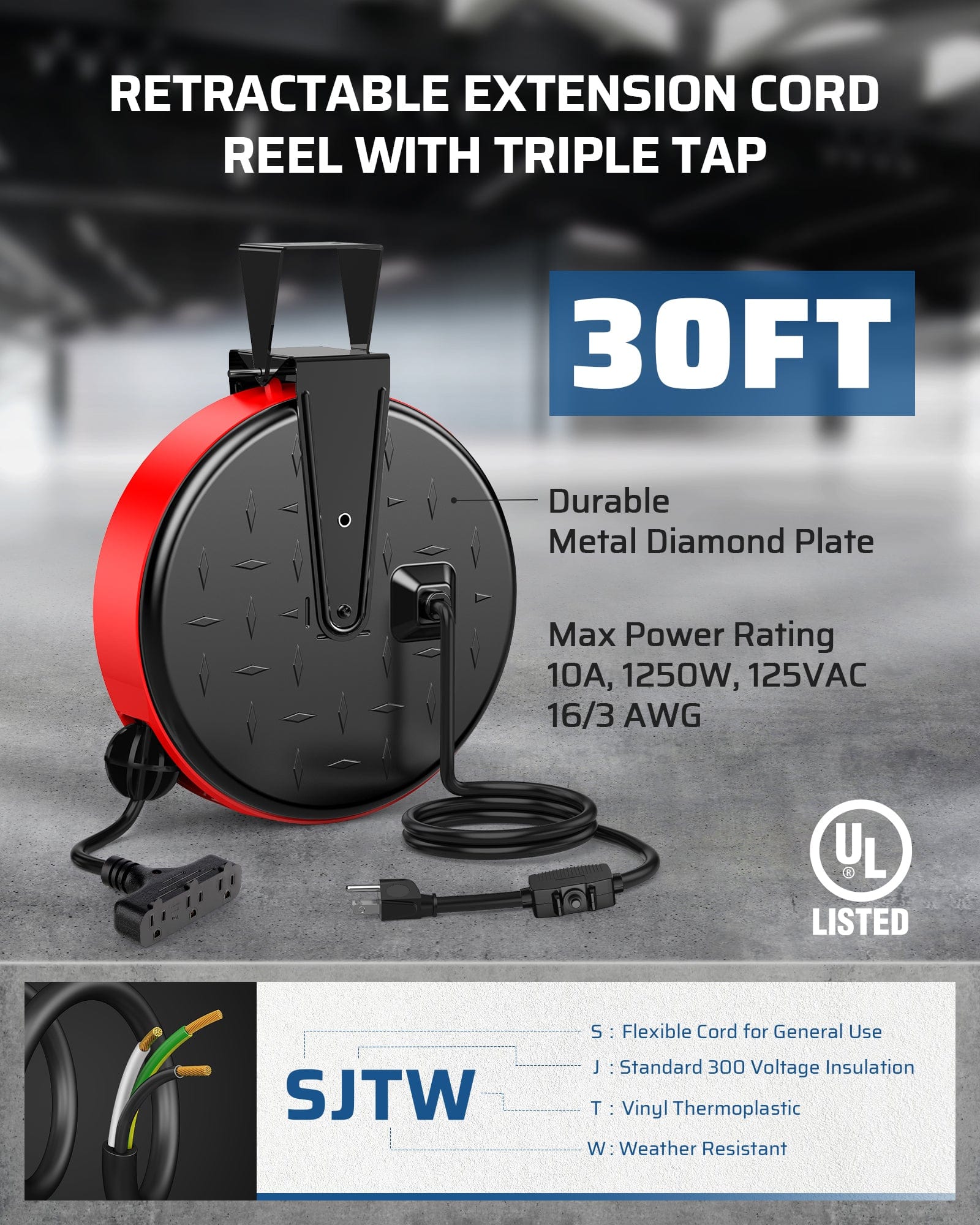 30ft retractable extension cord reel with triple tap, durable metal diamond plate, 16/3 AWG cord, and 10A/1250W max rating for safe use.