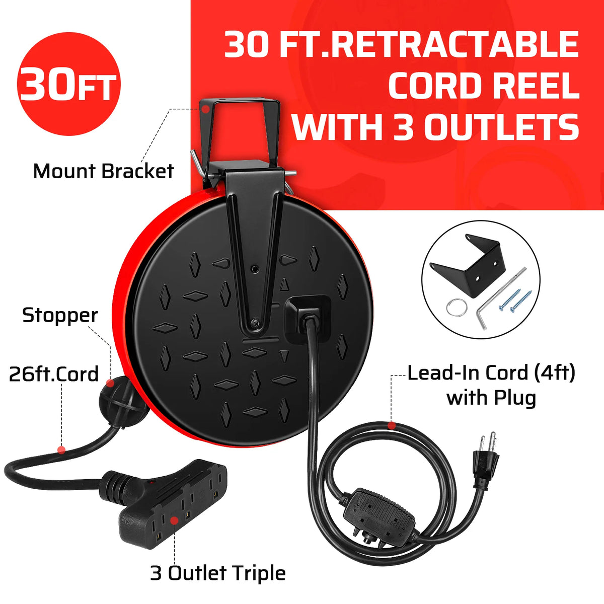 DEWENWILS 30 Ft Retractable Extension Cord Reel, Ceiling/Wall Mount 16/3 Gauge SJTW Power Cord with 3 Electrical Outlets Pigtail for Garage and Shop, 10 Amp Circuit Breaker, Metal Plate-HCRC30N