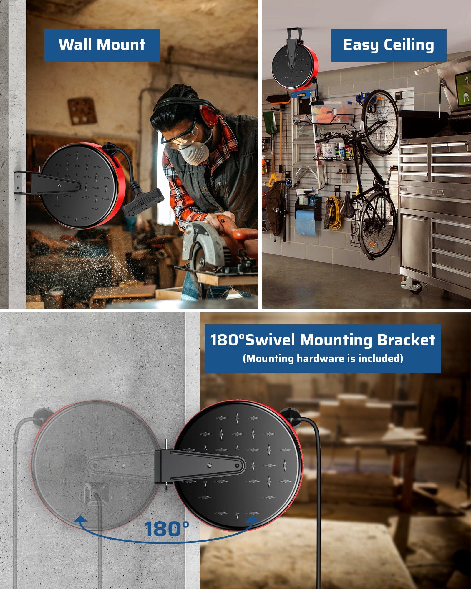 30ft retractable extension cord reel with wall/ceiling mount, 180° swivel bracket, and included hardware for flexible installation.