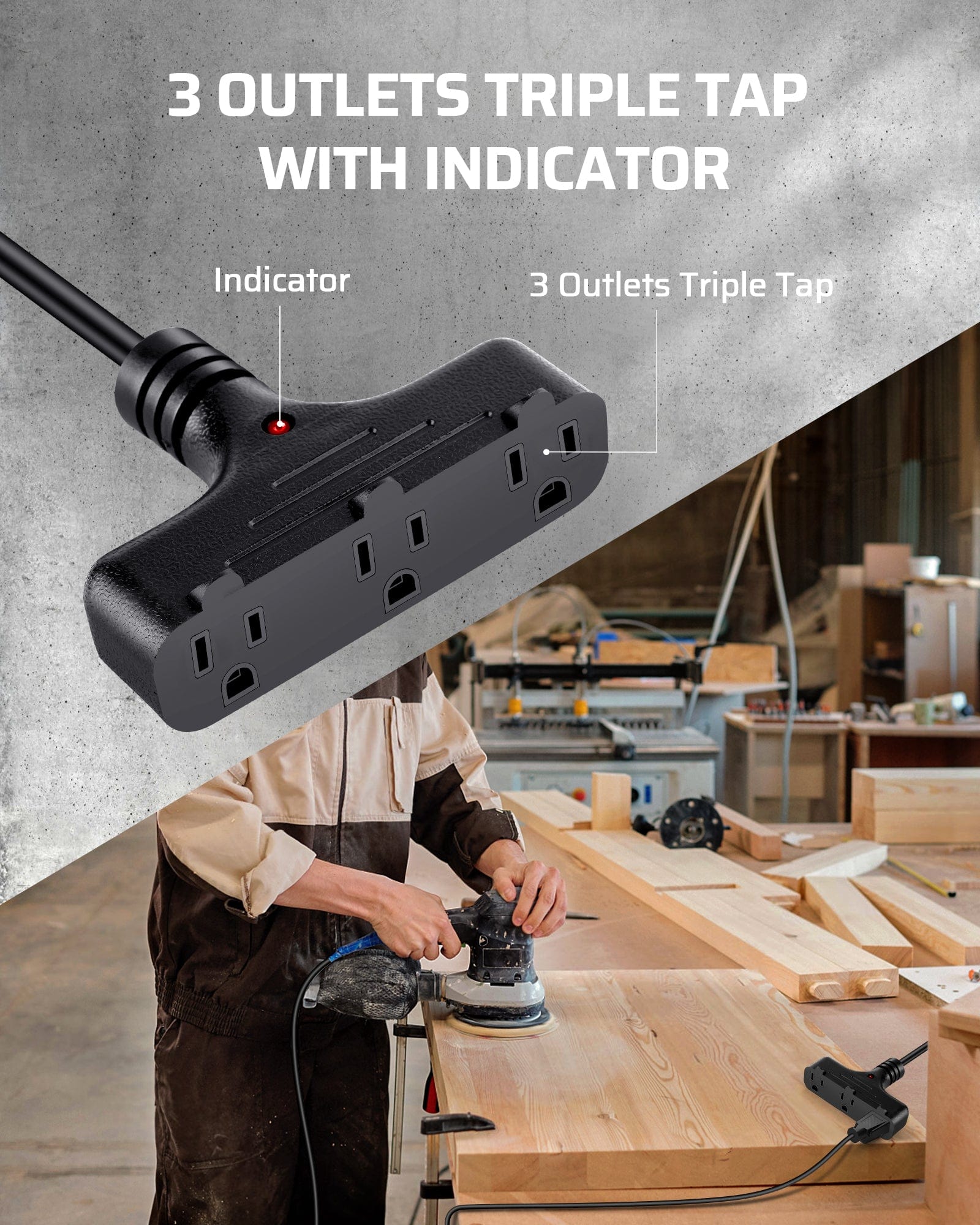 30ft retractable extension cord reel with 3-outlet triple tap and indicator light for safe, convenient multi-device power use.