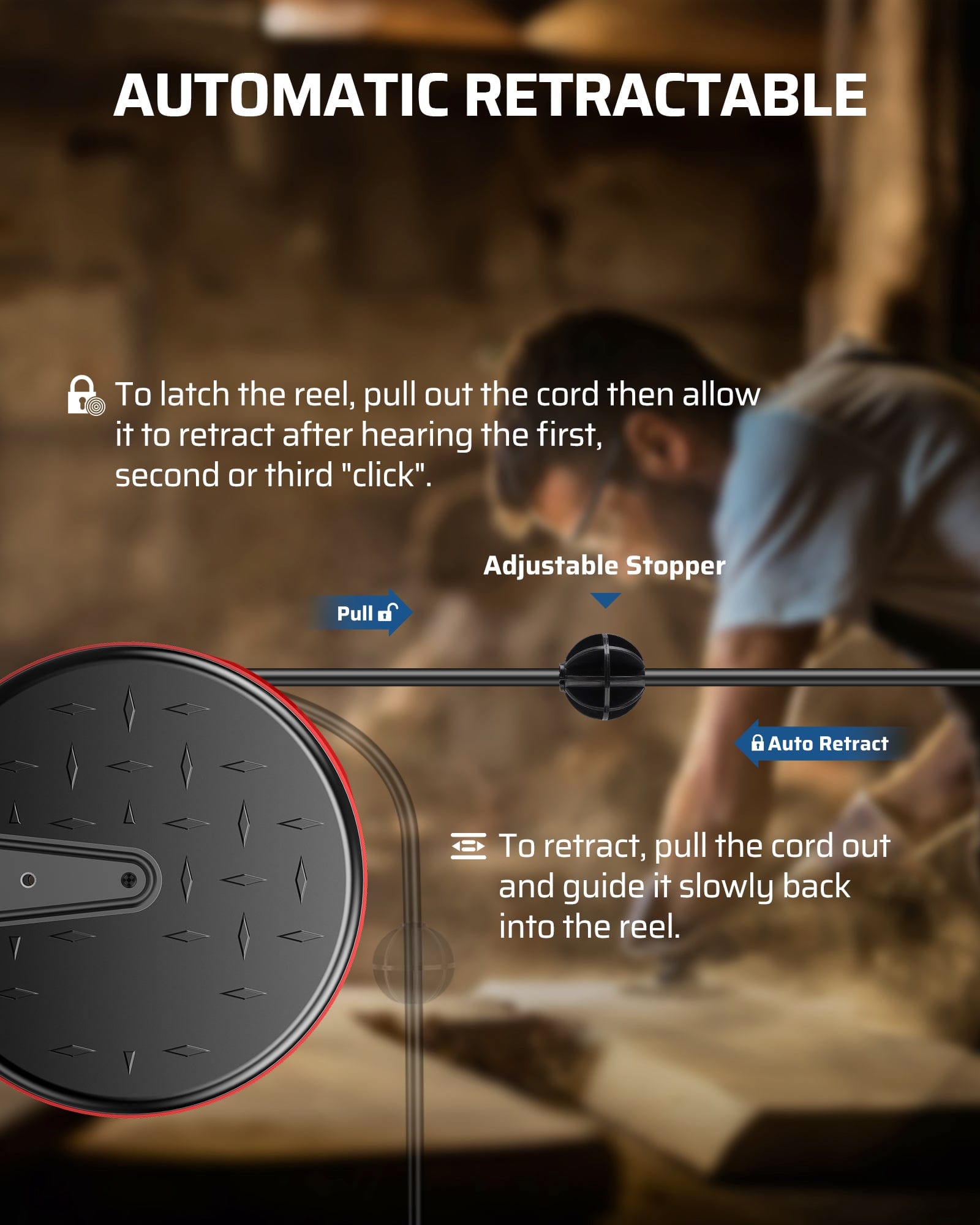 30ft retractable extension cord reel with automatic retract, adjustable stopper, and pull-to-retract design for smooth, tangle-free cord management.