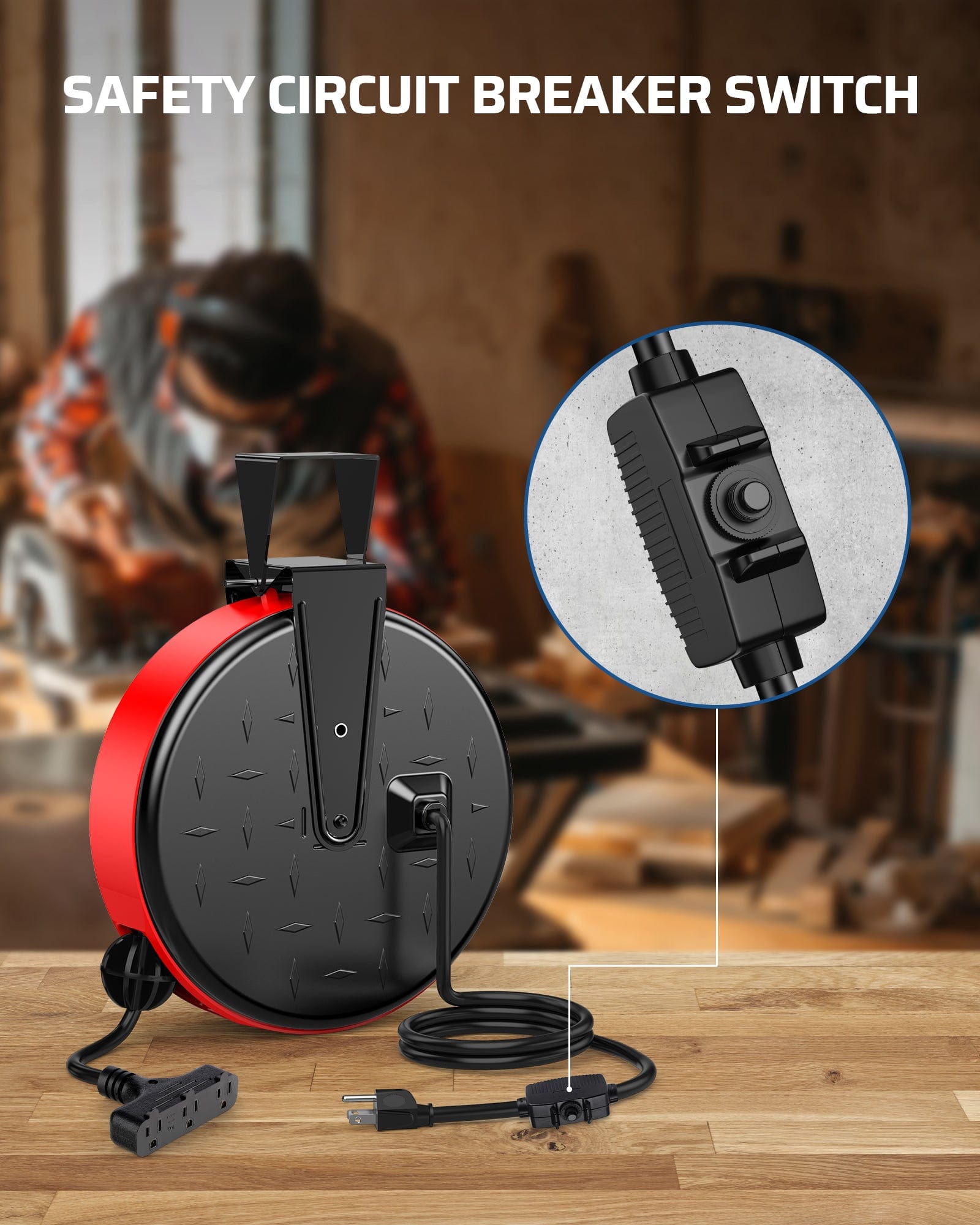 30ft retractable extension cord reel with safety circuit breaker switch for overload protection and reliable power use.