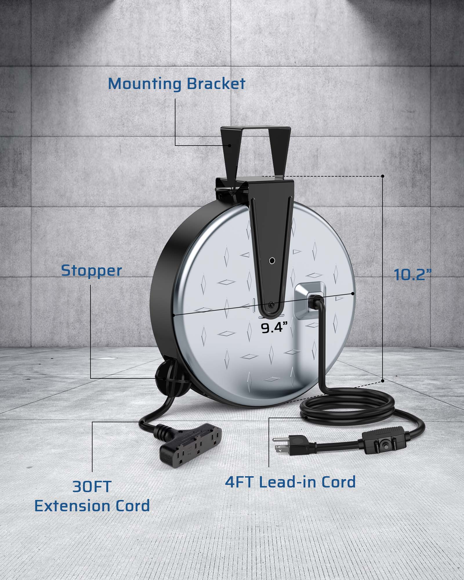 30ft extension cord reel with mounting bracket, stopper, 4ft lead-in cord, and 30ft extension for convenient, heavy-duty use.