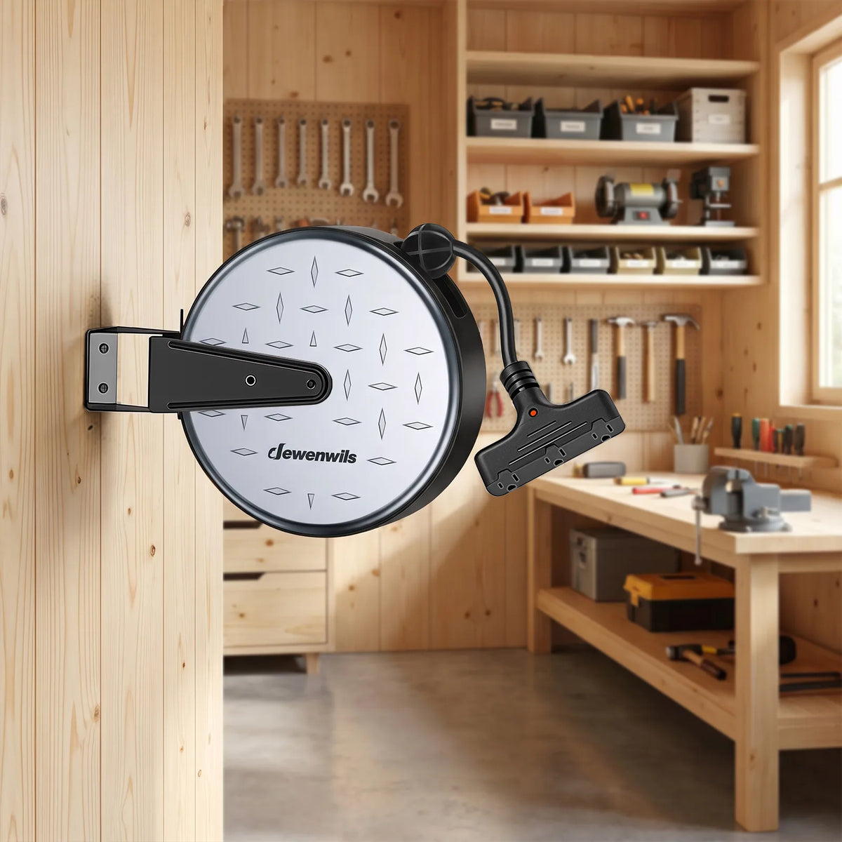 DEWENWILS 30 Ft Retractable Extension Cord Reel, Ceiling/Wall Mount 16/3 Gauge SJTW Power Cord with 3 Electrical Outlets Pigtail for Garage and Shop, 10 Amp Circuit Breaker, Metal Plate-HCRC30N