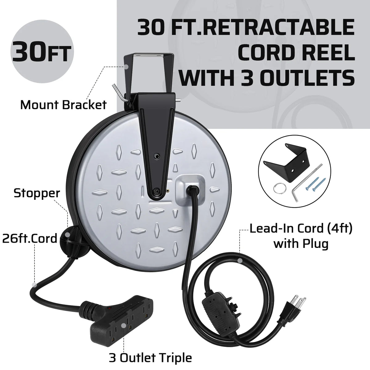 DEWENWILS 30 Ft Retractable Extension Cord Reel, Ceiling/Wall Mount 16/3 Gauge SJTW Power Cord with 3 Electrical Outlets Pigtail for Garage and Shop, 10 Amp Circuit Breaker, Metal Plate-HCRC30N