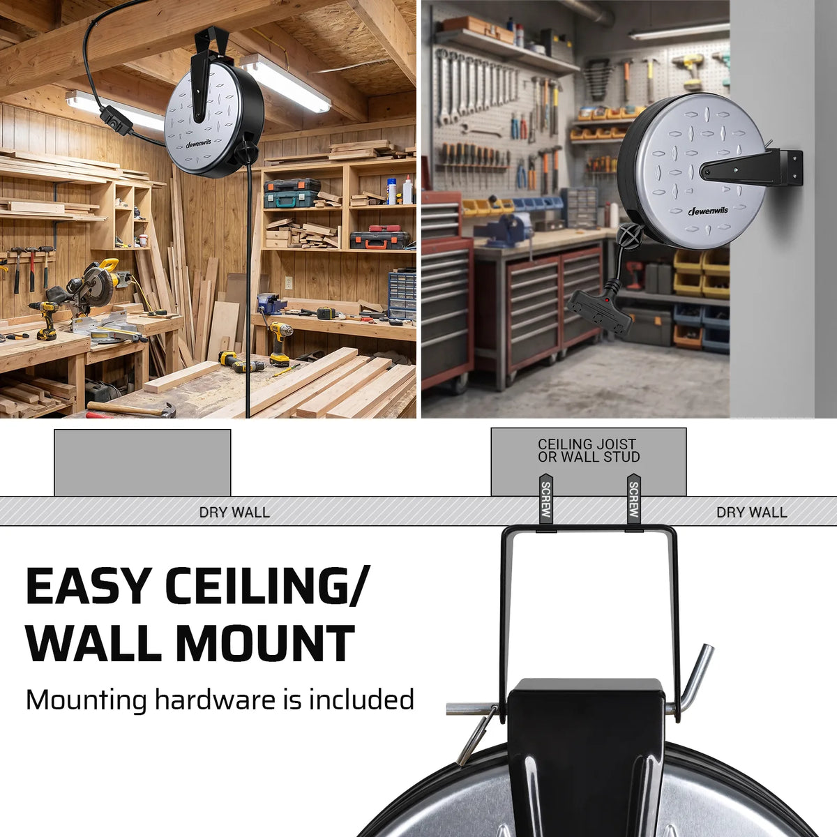 DEWENWILS 30 Ft Retractable Extension Cord Reel, Ceiling/Wall Mount 16/3 Gauge SJTW Power Cord with 3 Electrical Outlets Pigtail for Garage and Shop, 10 Amp Circuit Breaker, Metal Plate-HCRC30N