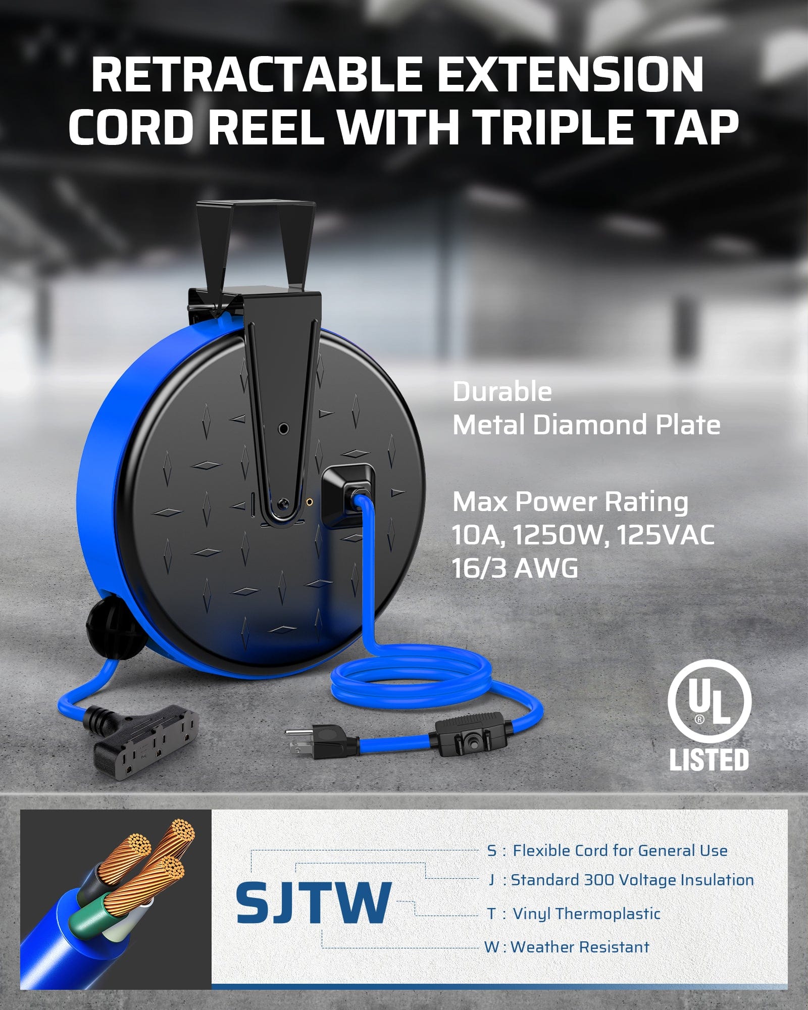 Retractable Extension Cord Reel with Triple Tap: Features a durable metal diamond plate design and a 16/3 AWG cord. Rated for 10A, 1250W, and 125VAC.