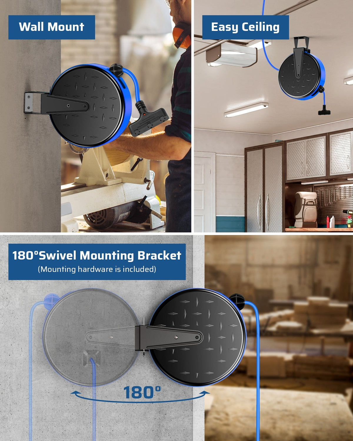 75ft Retractable Extension Cord Reel: Features a 180° swivel mounting bracket for easy wall or ceiling installation. All necessary mounting hardware is included.