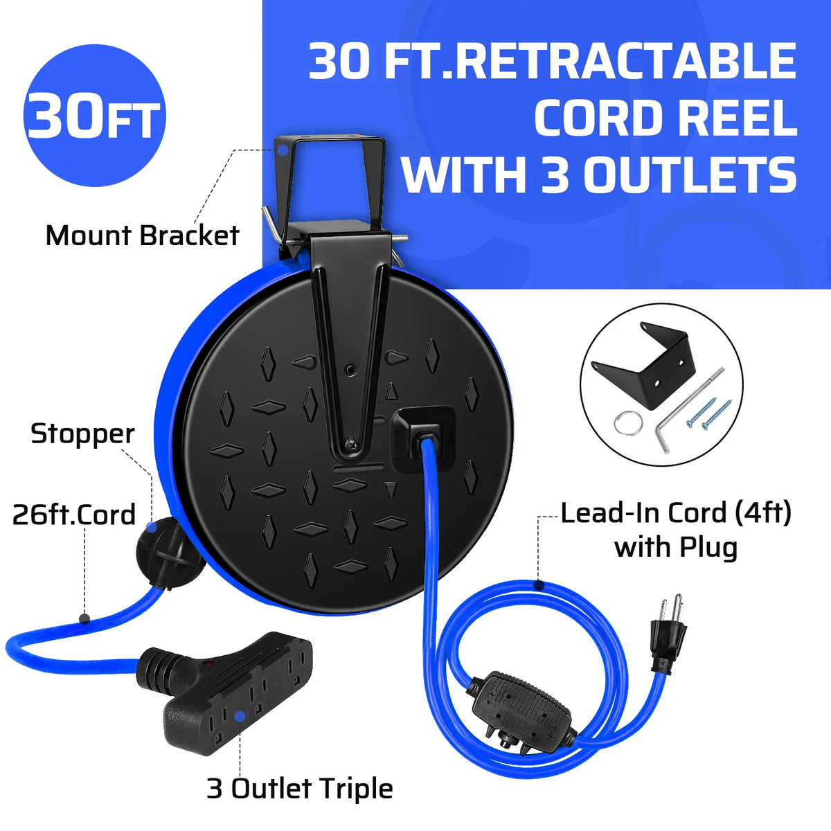 DEWENWILS 30 Ft Retractable Extension Cord Reel, Ceiling/Wall Mount 16/3 Gauge SJTW Power Cord with 3 Electrical Outlets Pigtail for Garage and Shop, 10 Amp Circuit Breaker, Metal Plate-HCRC30N