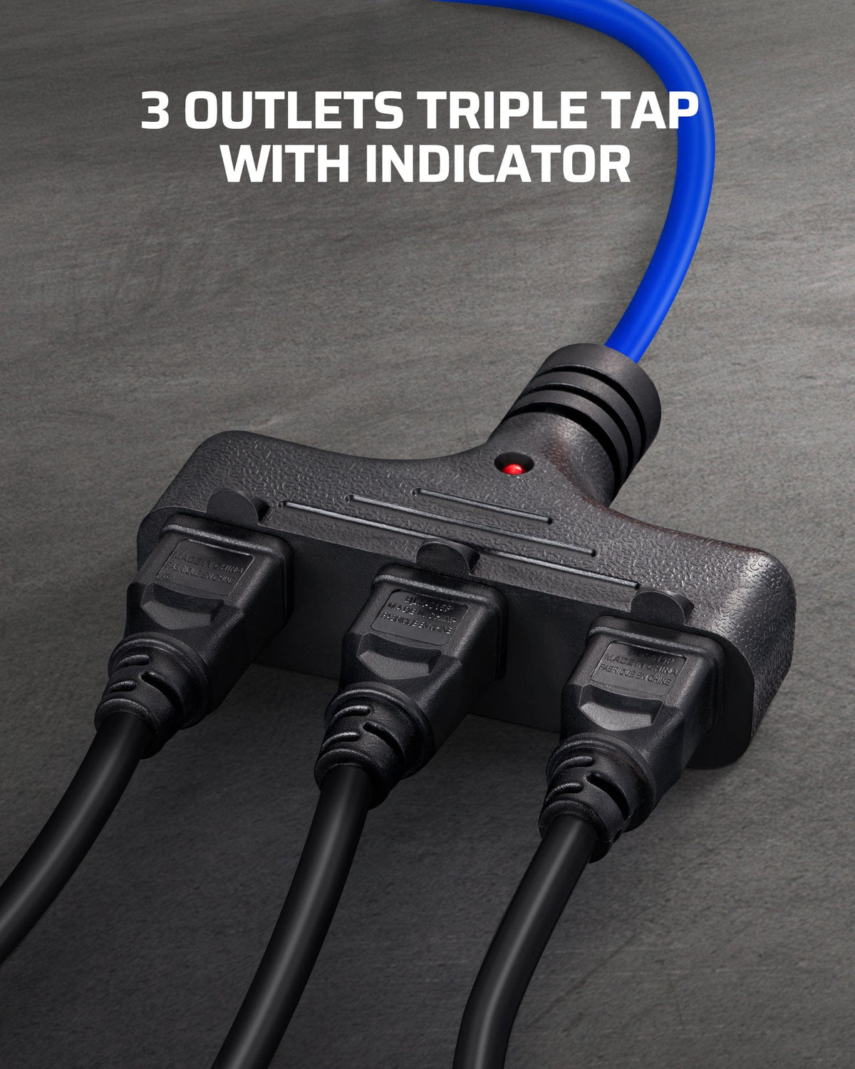 75ft Retractable Extension Cord Reel: Features a triple tap with three outlets and a power indicator light to easily identify when the cord is energized.