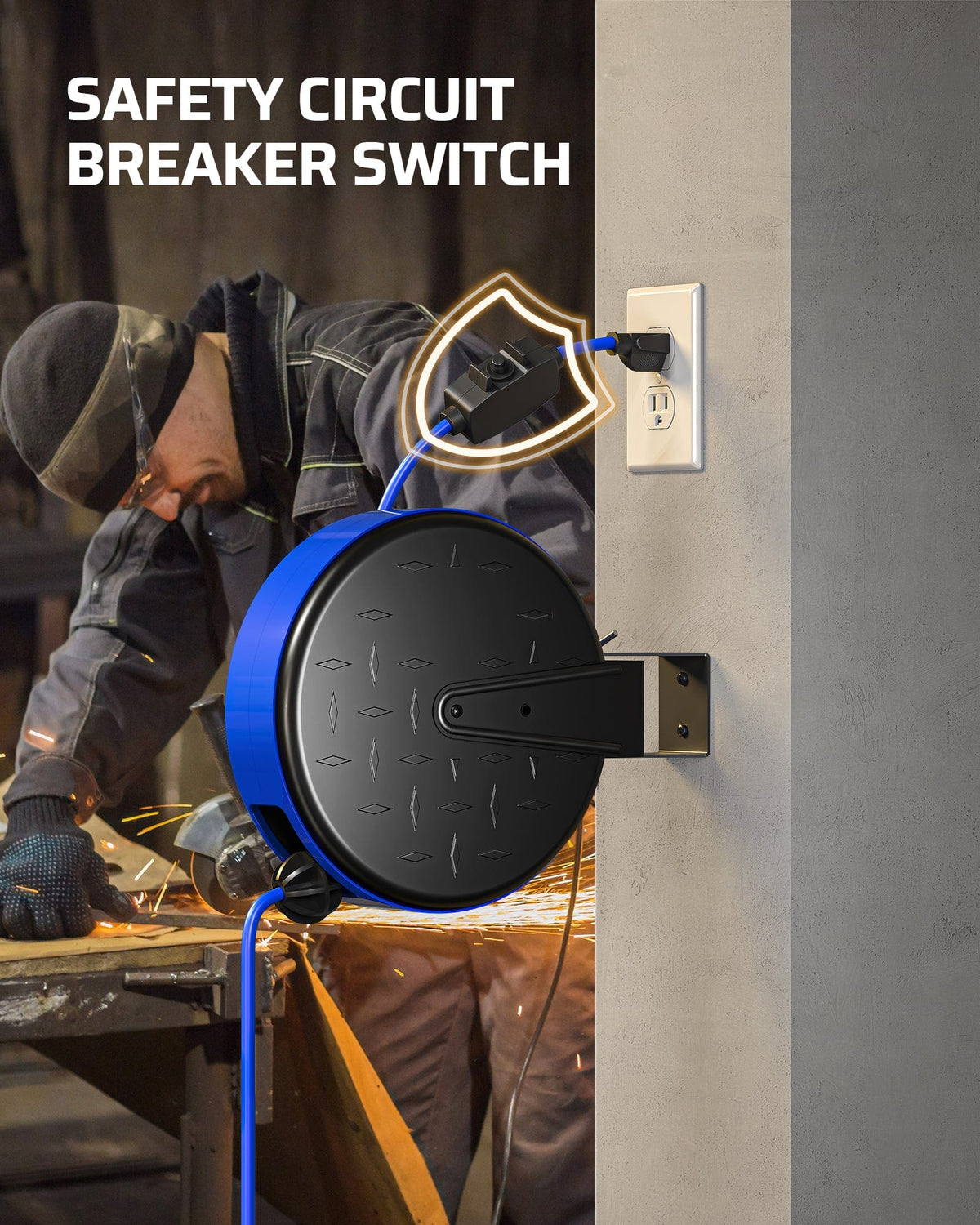 75ft Retractable Extension Cord Reel: Equipped with a safety circuit breaker switch that protects against overloads by cutting power when necessary.