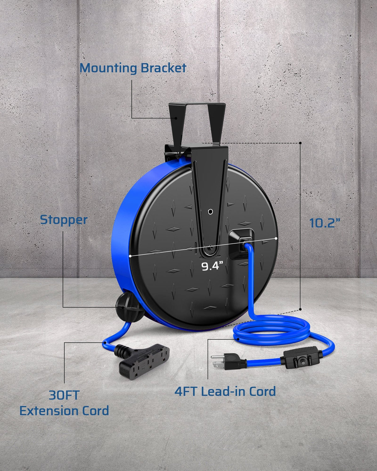 30ft Retractable Extension Cord Reel: Features a 30ft extension cord with a 4ft lead-in cord, an adjustable stopper, and a mounting bracket. Total unit height is 10.2".