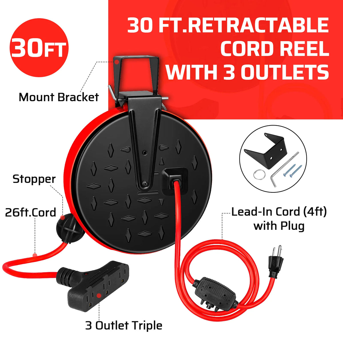 DEWENWILS 30 Ft Retractable Extension Cord Reel, Ceiling/Wall Mount 16/3 Gauge SJTW Power Cord with 3 Electrical Outlets Pigtail for Garage and Shop, 10 Amp Circuit Breaker, Metal Plate-HCRC30N