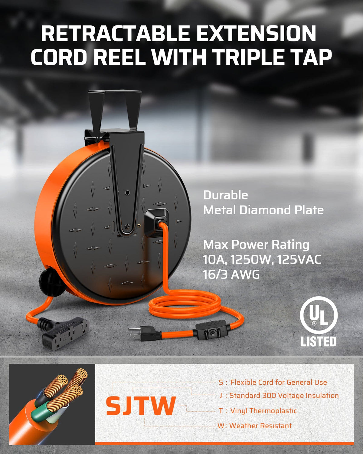 Retractable Cord Reel: Features a durable metal diamond plate design and a triple tap. Rated at 10A, 1250W, and 125VAC with a 16/3 AWG cord.