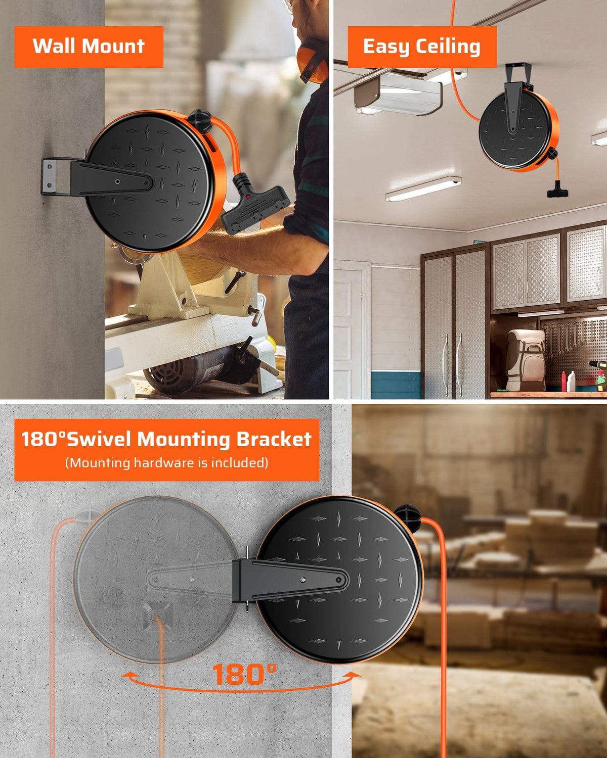 30ft Retractable Extension Cord Reel: Includes a 180° swivel mounting bracket and hardware for easy wall or ceiling installation.