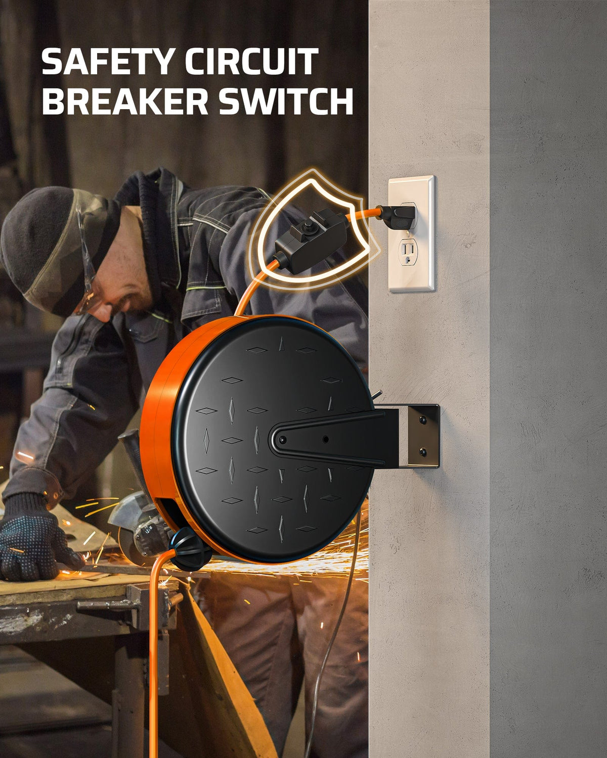 30ft Retractable Extension Cord Reel: Features a built-in safety circuit breaker switch to prevent overloads and ensure secure operation.