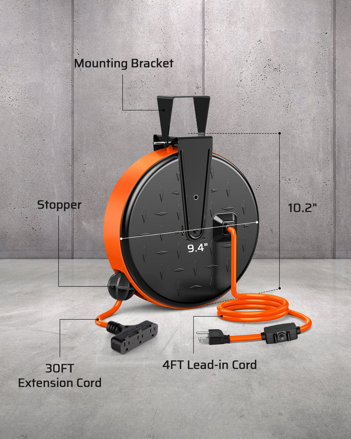 30ft Retractable Extension Cord Reel: Features a 10.2-inch housing, 4ft lead-in cord, 30ft extension cord, adjustable stopper, and mounting bracket.