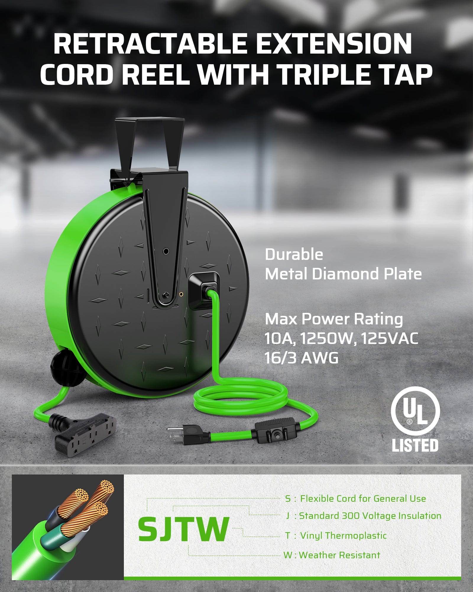 30FT Retractable Extension Cord Reel: 16/3 AWG cord, 10A/1250W rating, triple-tap outlets, and durable metal diamond plate housing for heavy-duty use