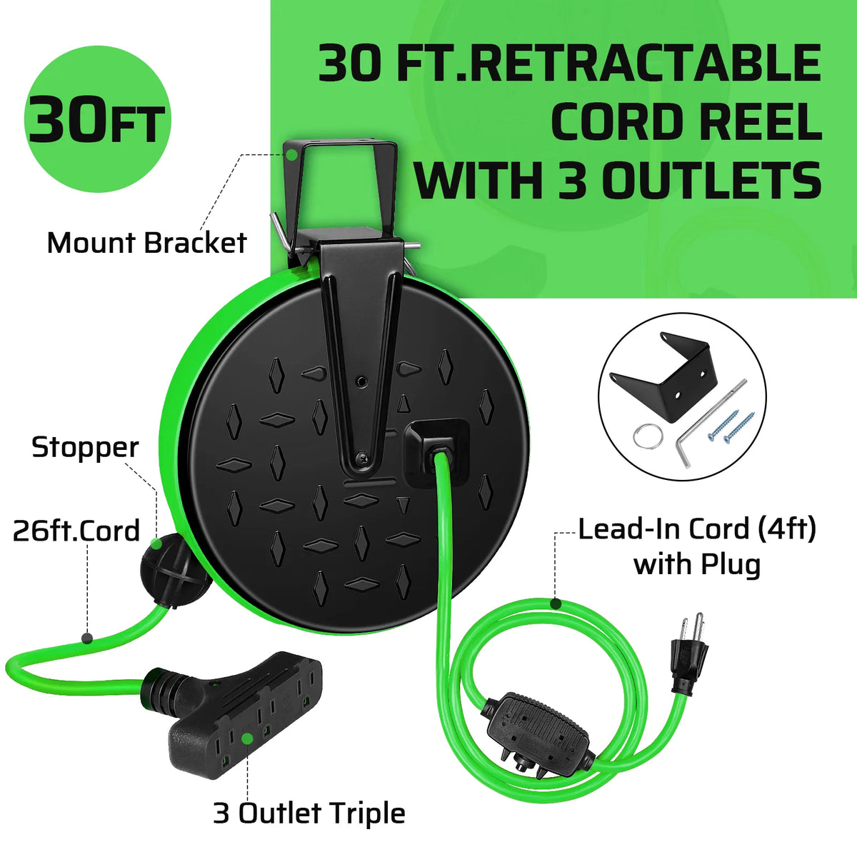 DEWENWILS 30 Ft Retractable Extension Cord Reel, Ceiling/Wall Mount 16/3 Gauge SJTW Power Cord with 3 Electrical Outlets Pigtail for Garage and Shop, 10 Amp Circuit Breaker, Metal Plate-HCRC30N