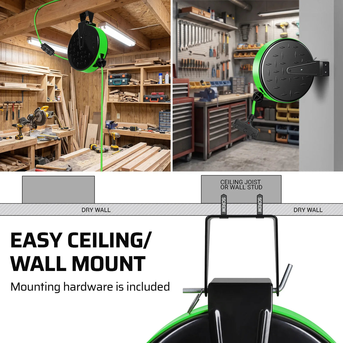 DEWENWILS 30 Ft Retractable Extension Cord Reel, Ceiling/Wall Mount 16/3 Gauge SJTW Power Cord with 3 Electrical Outlets Pigtail for Garage and Shop, 10 Amp Circuit Breaker, Metal Plate-HCRC30N