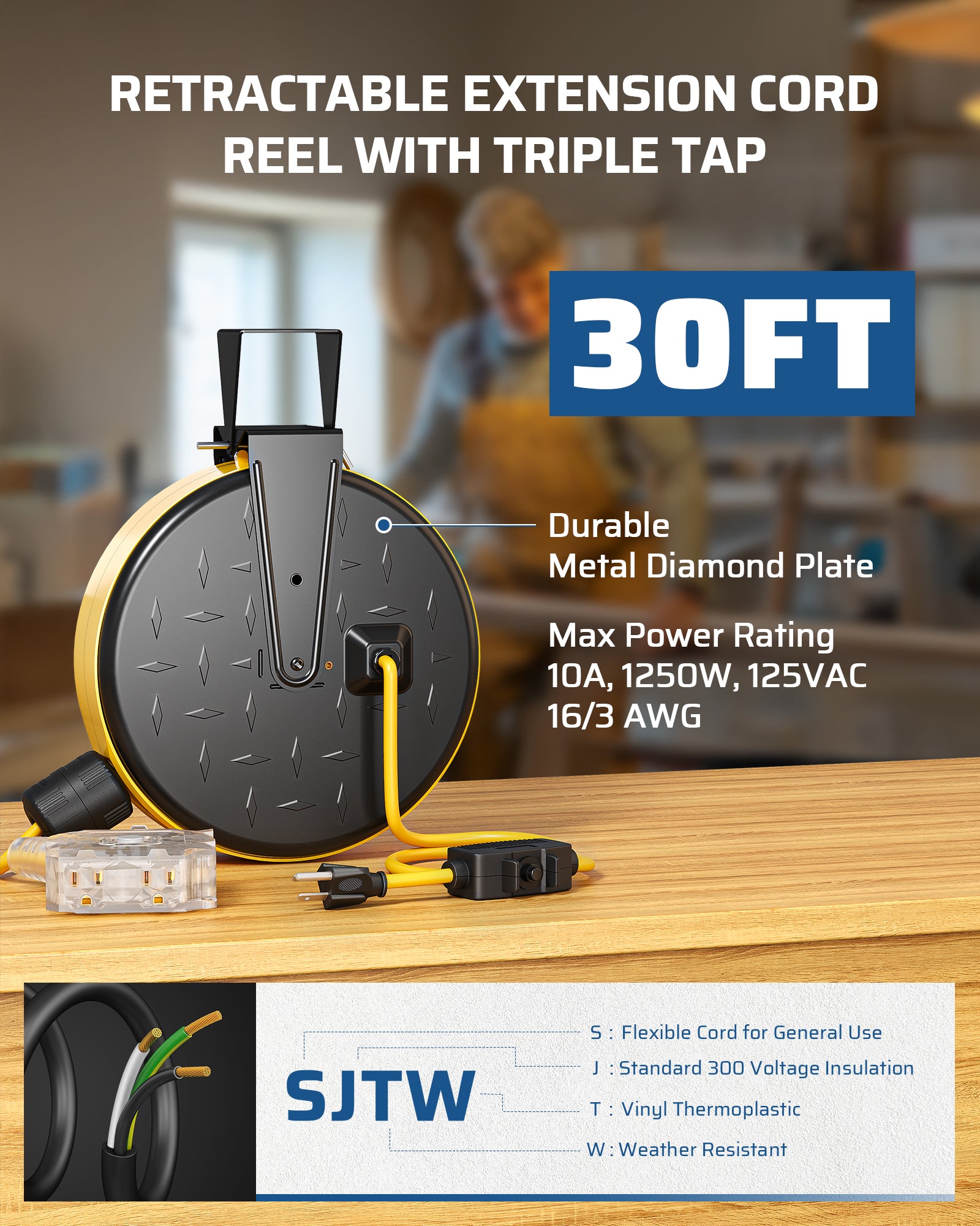 30FT Extension Cord Reel: Durable metal diamond plate casing with a 16/3 AWG cord. Features a triple tap, 10A/1250W rating, and automatic retraction.