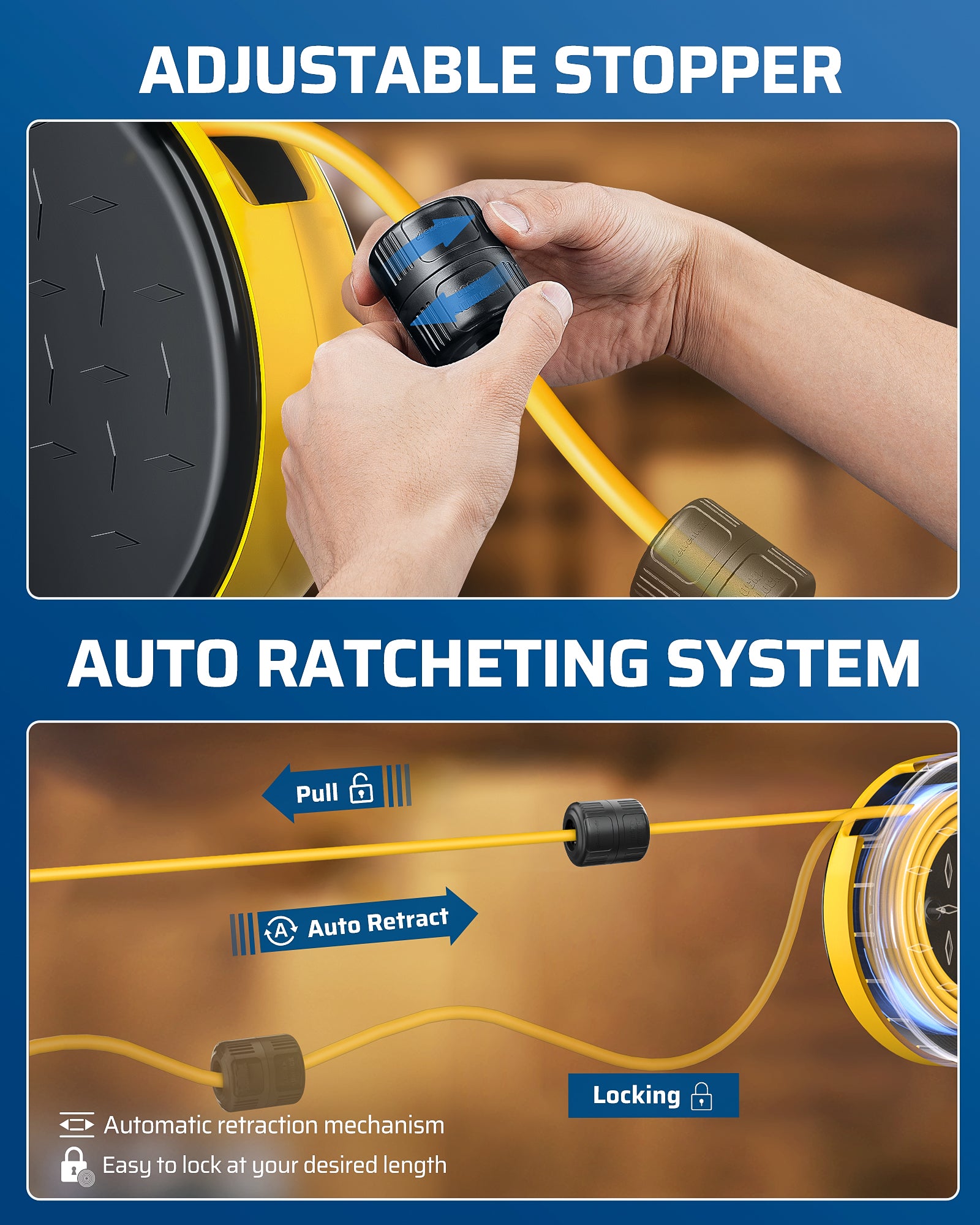 30FT Extension Cord Reel: Features an auto-ratcheting system for easy locking at any length and an adjustable stopper to control the automatic retraction.