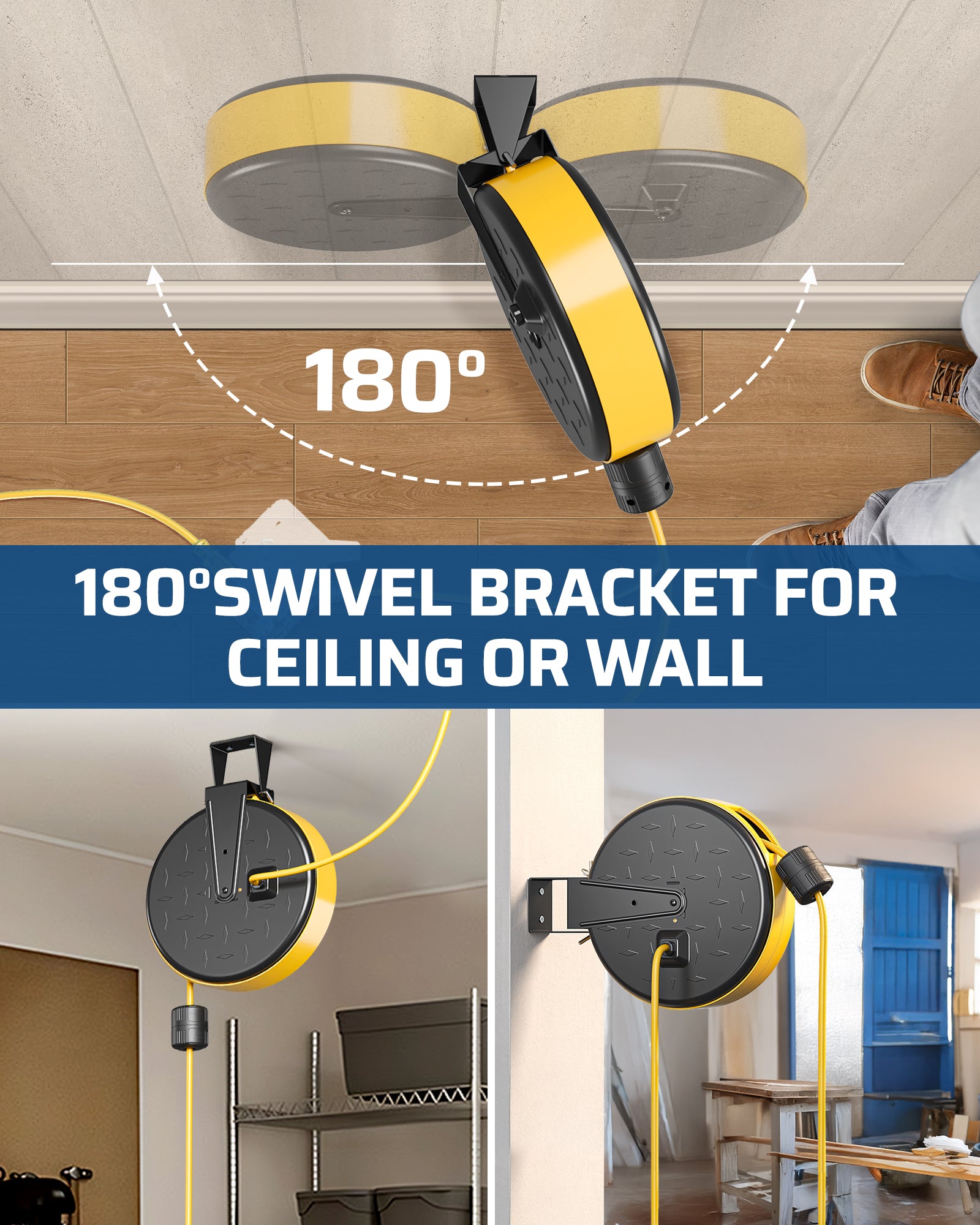 30FT Extension Cord Reel: Heavy-duty 180° swivel bracket allows for flexible ceiling or wall mounting, providing easy access and efficient cable management.