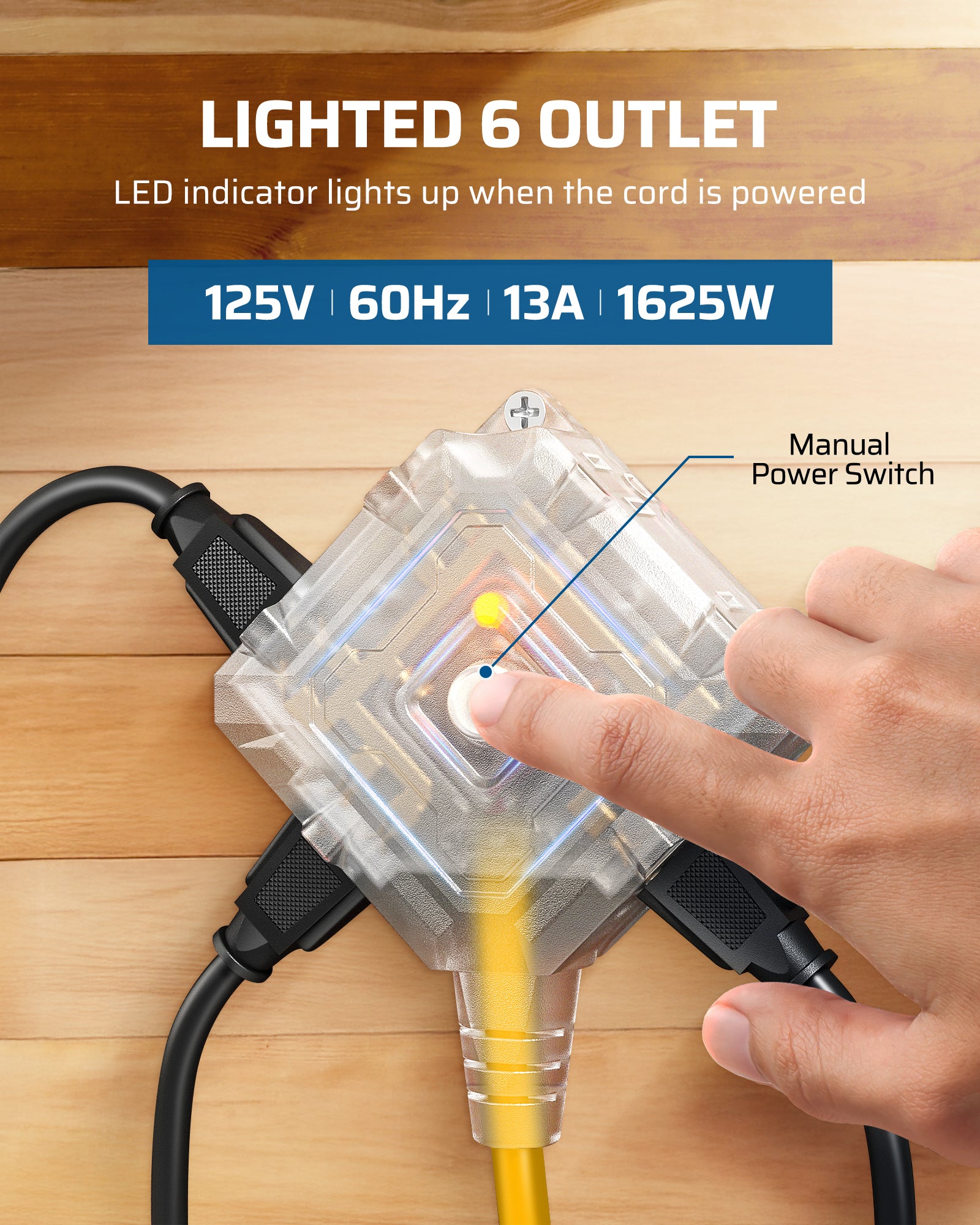 30FT Extension Cord Reel: Features 6 outlets with LED power indicators and a heavy-duty 13A/1625W rating for reliable performance and easy visibility.