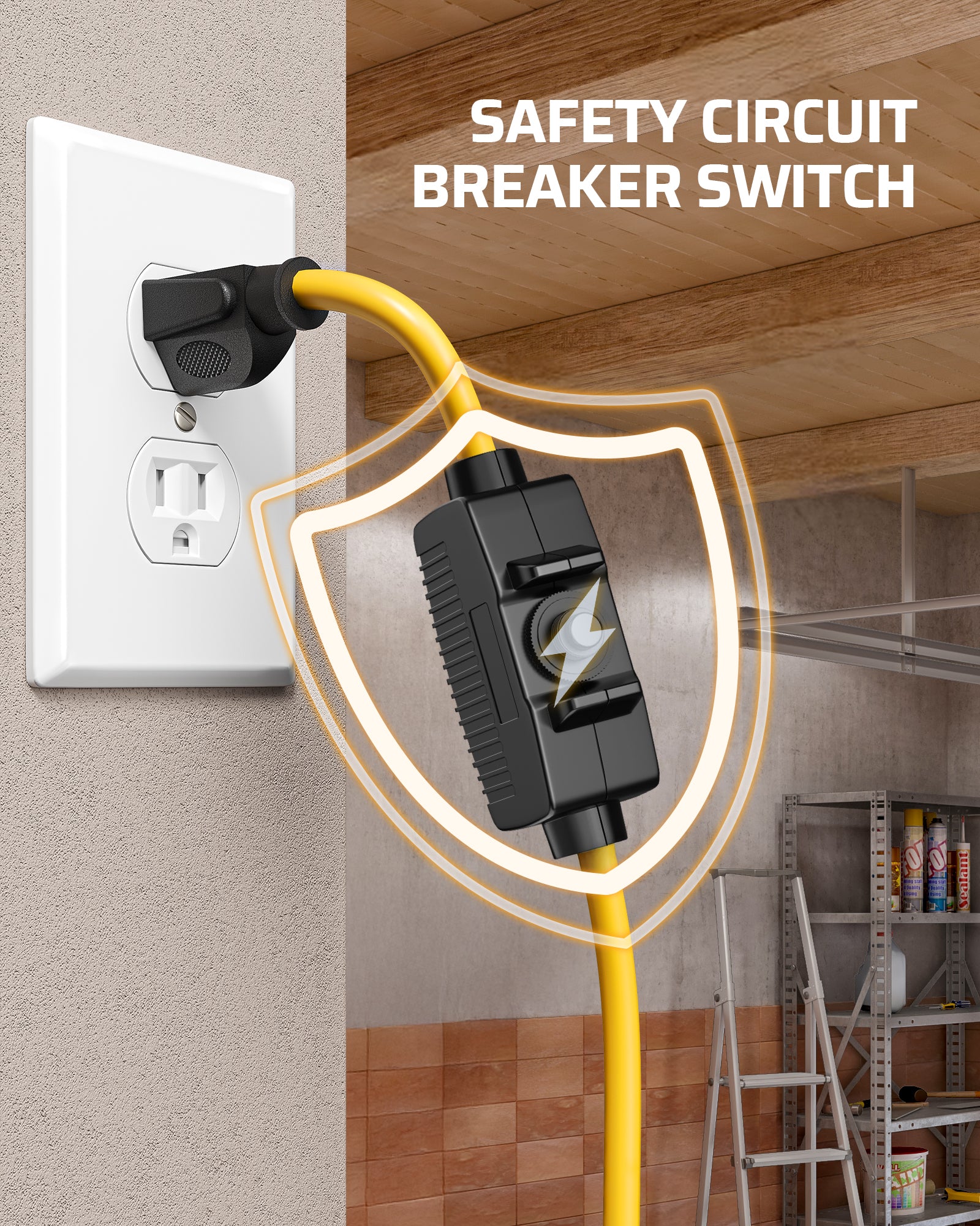 30FT Extension Cord Reel: Built-in 13A safety circuit breaker switch protects against overloads. Simply flip to reset and restore power to all 6 outlets.