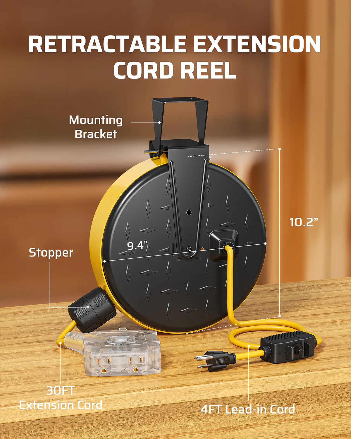 DEWENWILS 30 Ft Retractable Extension Cord Reel, Ceiling/Wall Mount 16/3 Gauge SJTW Power Cord with 3 Electrical Outlets Pigtail for Garage and Shop, 10 Amp Circuit Breaker, Metal Plate-HCRC30N