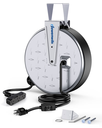 DEWENWILS 30 Ft Retractable Extension Cord Reel, Ceiling/Wall Mount 16/3 Gauge SJTW Power Cord with 3 Electrical Outlets Pigtail for Garage and Shop, 10 Amp Circuit Breaker, Metal Plate-HCRC30N